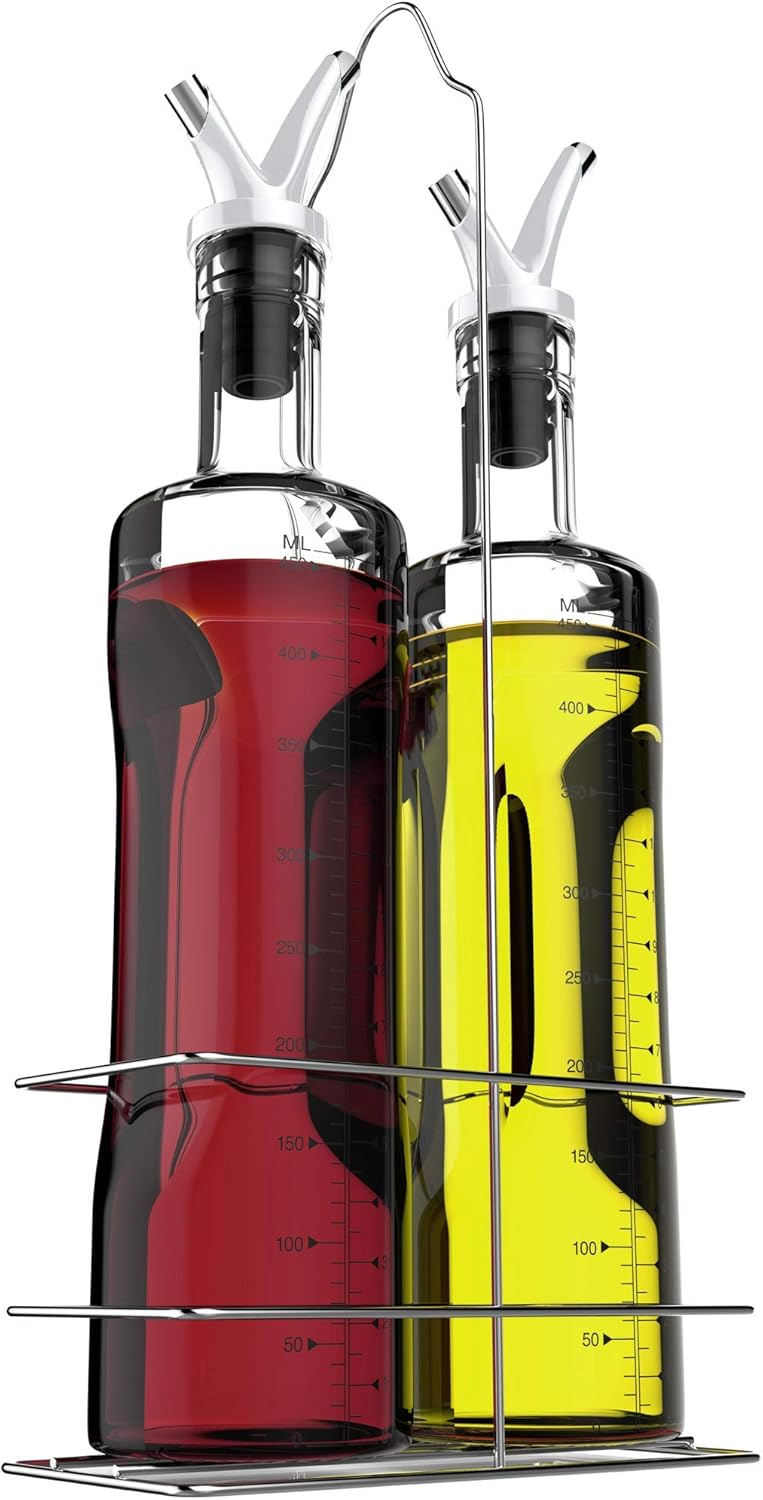 Vremi 17 oz Olive Oil and Vinegar Dispenser Set - Clear Glass Cruet Bottles for Cooking with No Drip Double Pourer Spout Stoppers and Stainless Steel Holder Stand - Kitchen Dispensing Cruets - White: Home & Kitchen