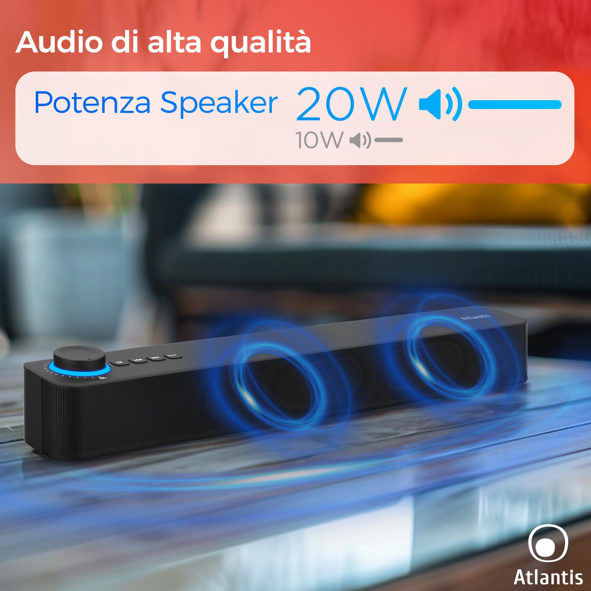 ATLANTIS Soundbar PC 20 W, głośnik PC, Jack 3.5 mm + Bluetooth 5.3 do smartfona, FireTV, gramofonu, odtwarzacza Batt. 2400 mhA, radia FM, głośnika PC, laptopa, telewizora, smartfona Dim 420 x 60 x 74