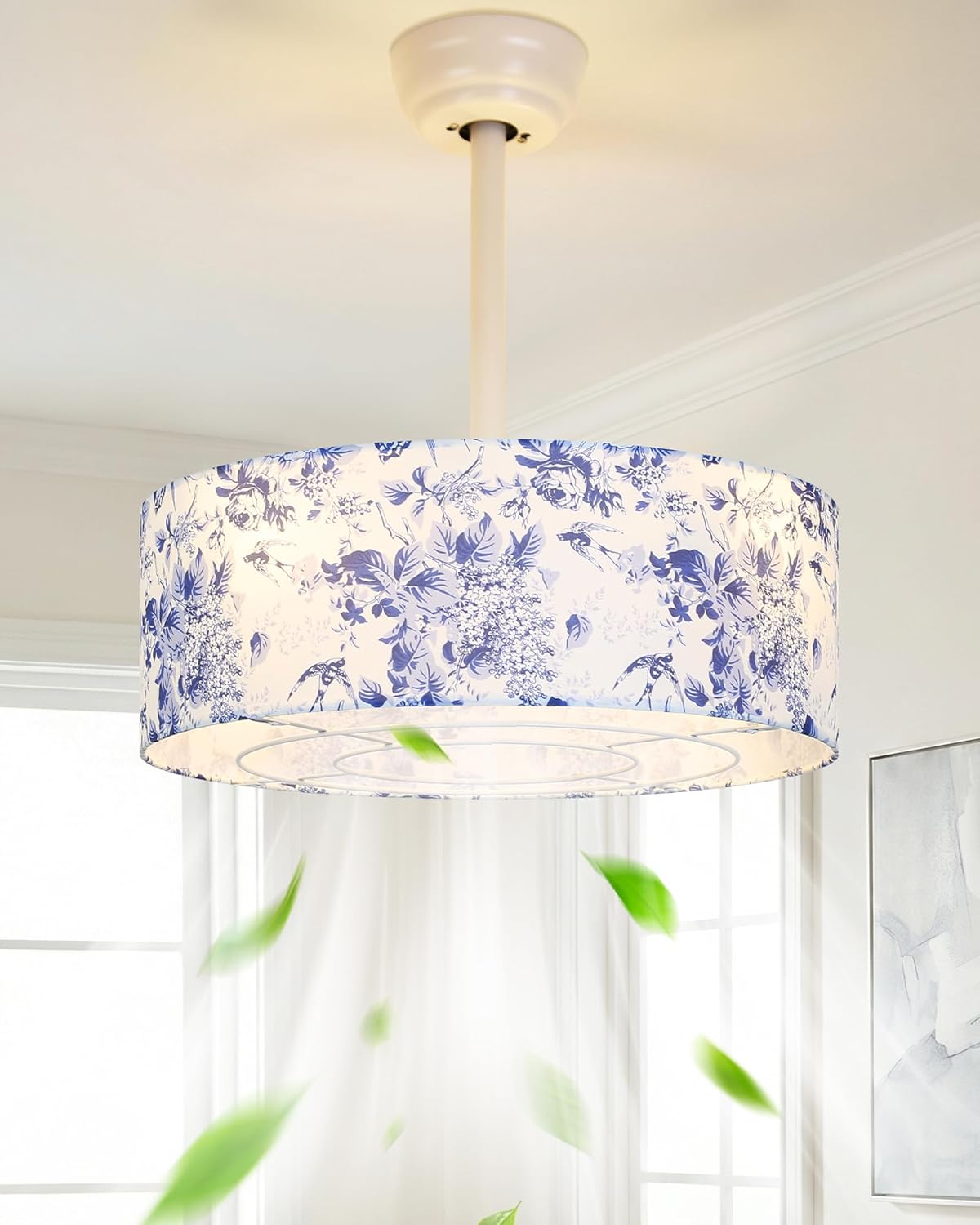 20" Blue and White Porcelain Ceiling Fan Light, New Chinese Style Low Profile Chandelier Ceiling Fans with Light Remote Control for Bedroom, Nursery, Living Room