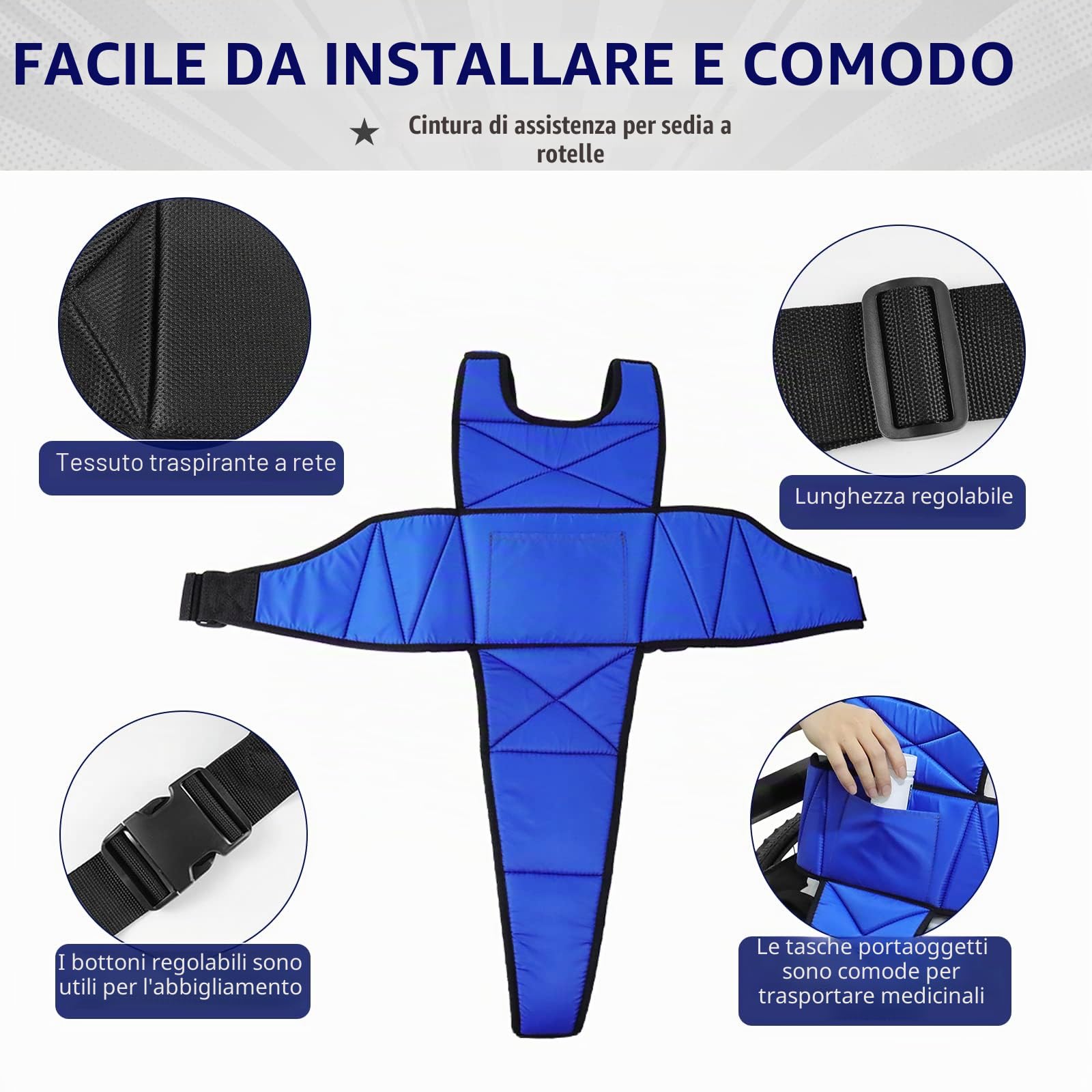 [LOSCHEN] Cintura per sedia a rotelle, antiscivolo, traspirante, accessorio per sedia a rotelle contro il ribaltamento, adatta per anziani e pazienti con mobilità ridotta (blu)
