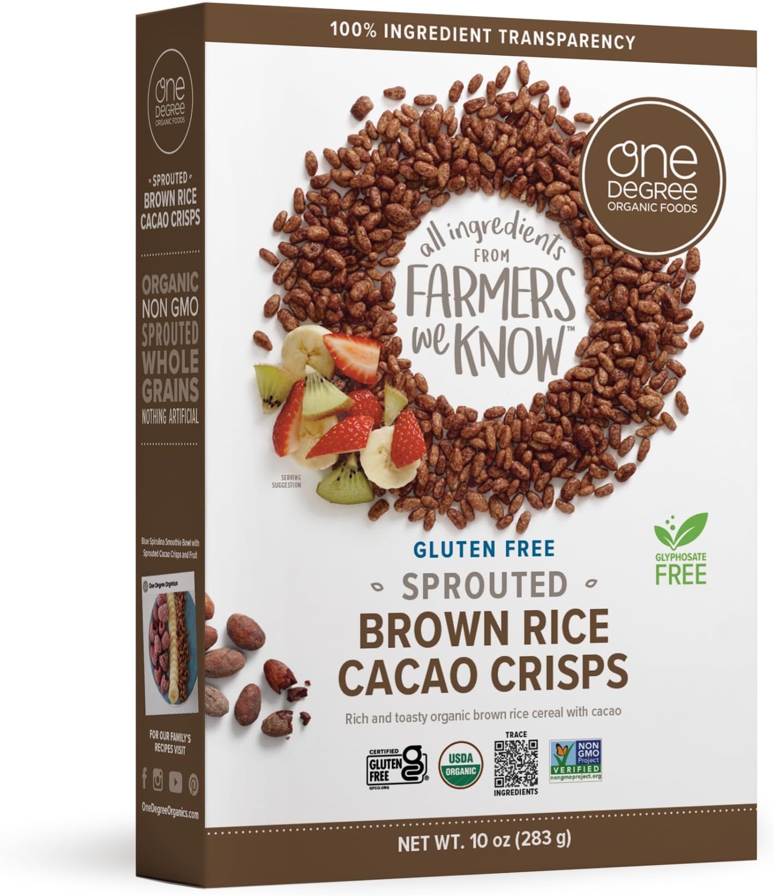 One Degree Organics Sprouted Brown Rice Cacao Crisps Cereal, Glyphosate-Free, Gluten-Free, USDA Organic, Non-GMO, Whole Grain, Yogurt Topping, Chocolate Breakfast Cereal, 10 ounce (Pack of 1)