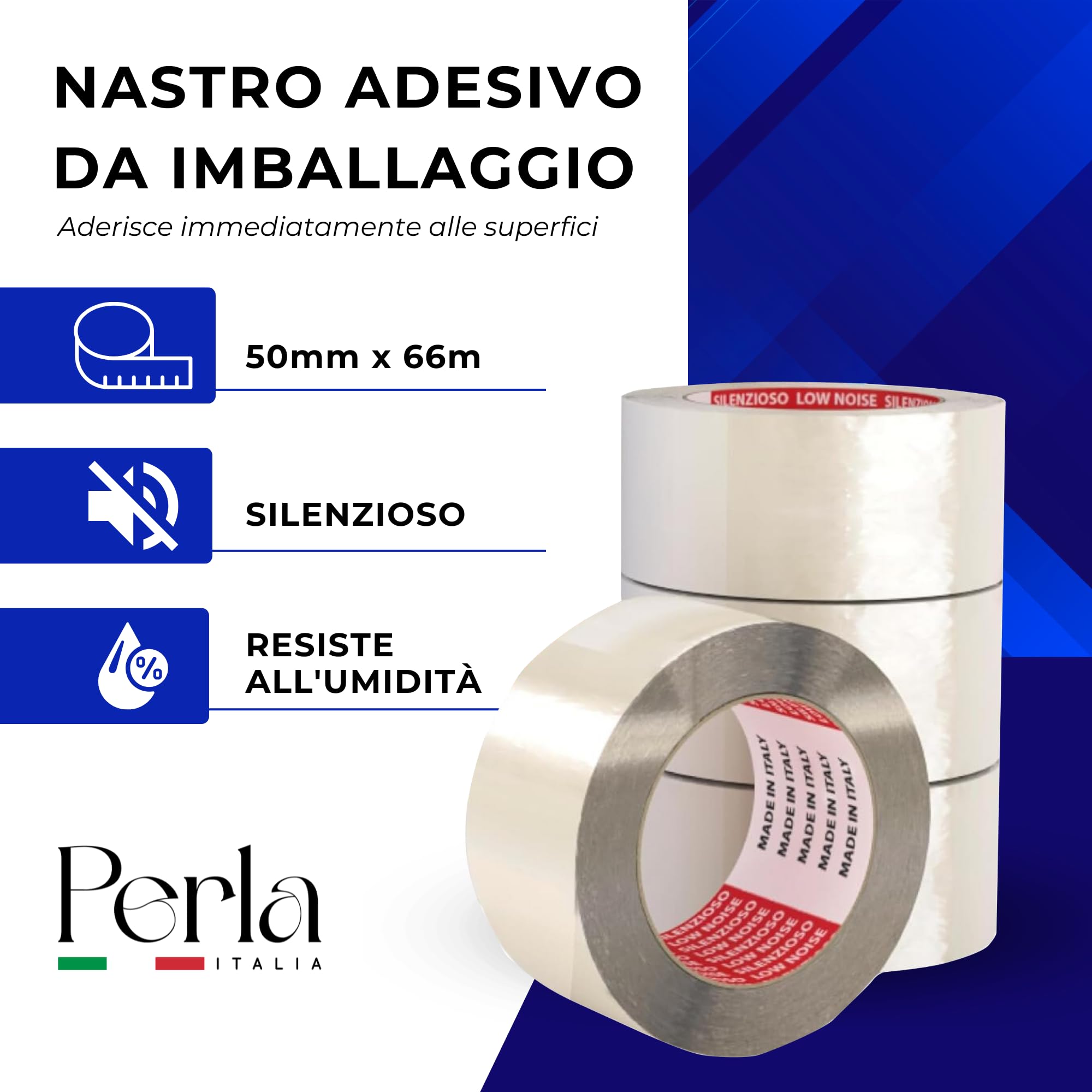 Perla, 6 Nastro Adesivo da Imballaggio Trasparente, Rotoli per Imballaggi 50mm x 66m, Resistente a Strappo Silenzioso, Nastro Imballaggio per Spedizioni Scatoloni e Trasloco