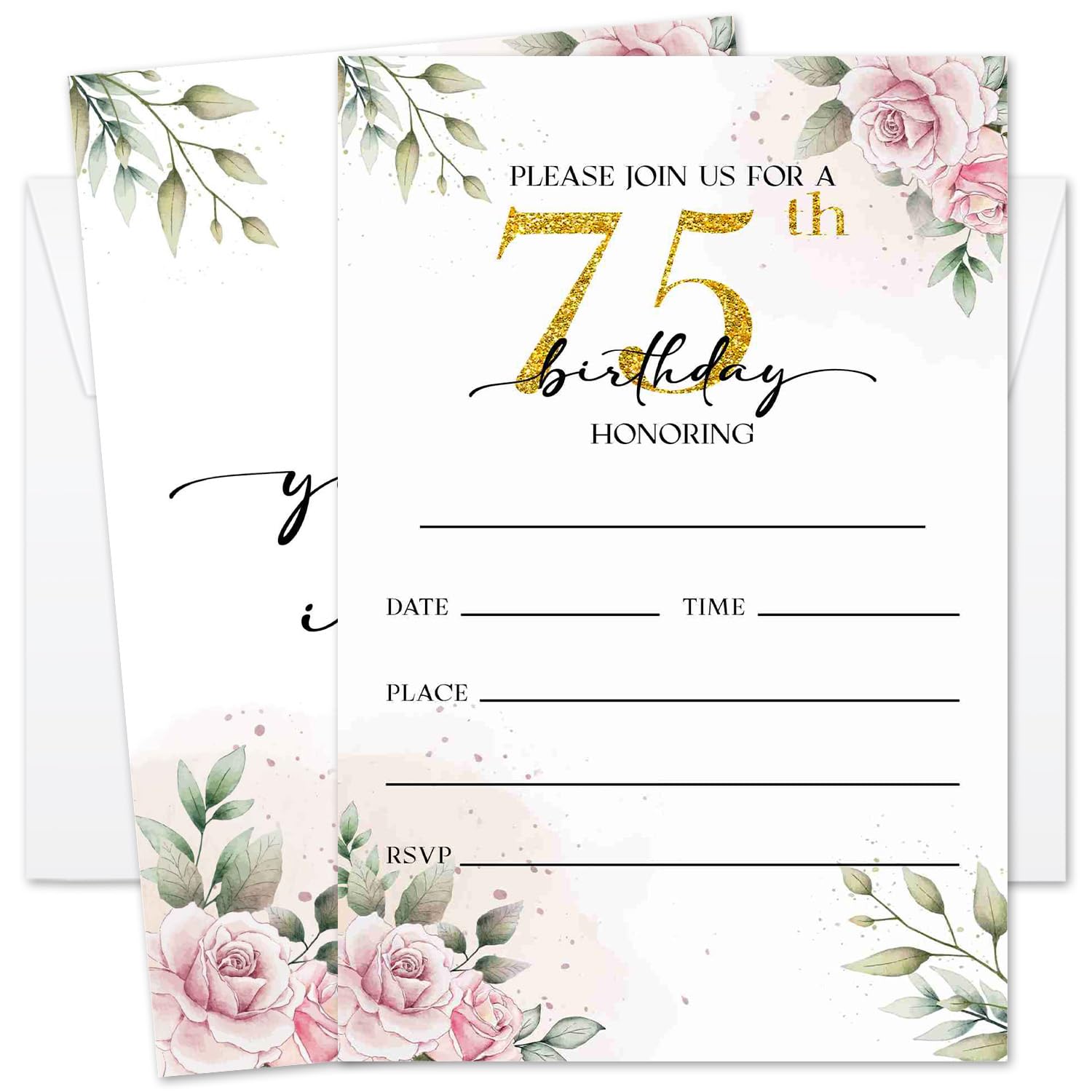 GOODBANER 75th Rose Birthday Invitation for Women, Birthday Invitation With Envelopes, 75 Years Old Birth Invites for Adult, 20 Pcs Birth Invite Cards
