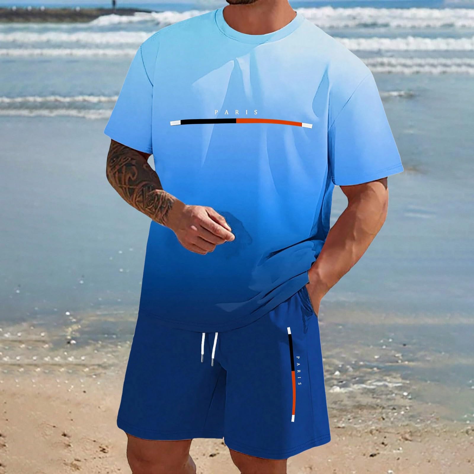 Trainingsanzug Herren 2 Teiler Sommer Lässig Jogginganzug Paris Druck Sportanzug Kurze Hosen + T Shirts Bequeme Komfort Freizeitanzug Männer Jogginganzug Farbverlauf Zweiteiliges Set