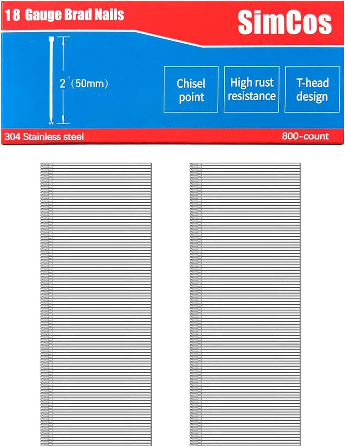 18 Gauge 304 Stainless Steel Brad Nails 18 GA Nail Gun Nails Assorted and Small Finishing Nails for Pneumatic, Electric Brad Nailer (5/8"+1"+1-1/2"+2"-4000 pcs)