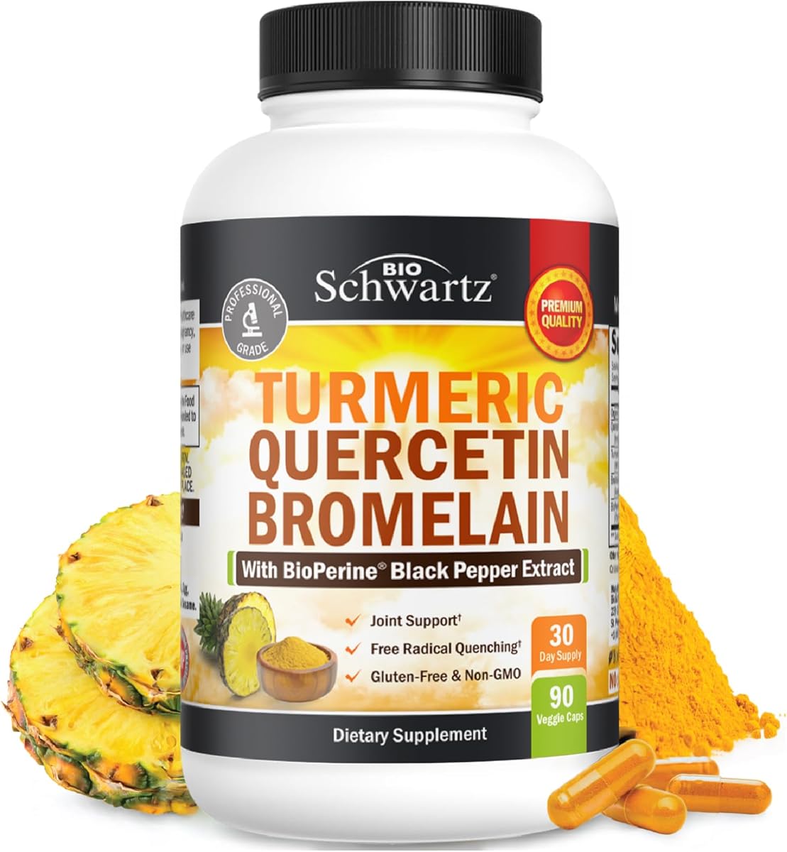 Turmeric Quercetin with Bromelain Supplement - Natural Extra Strength Immune and Joint Support with BioPerine Black Pepper for Max Absorption - Organic Tumeric Bromelain Supplement Vegan Safe, Non-GMO