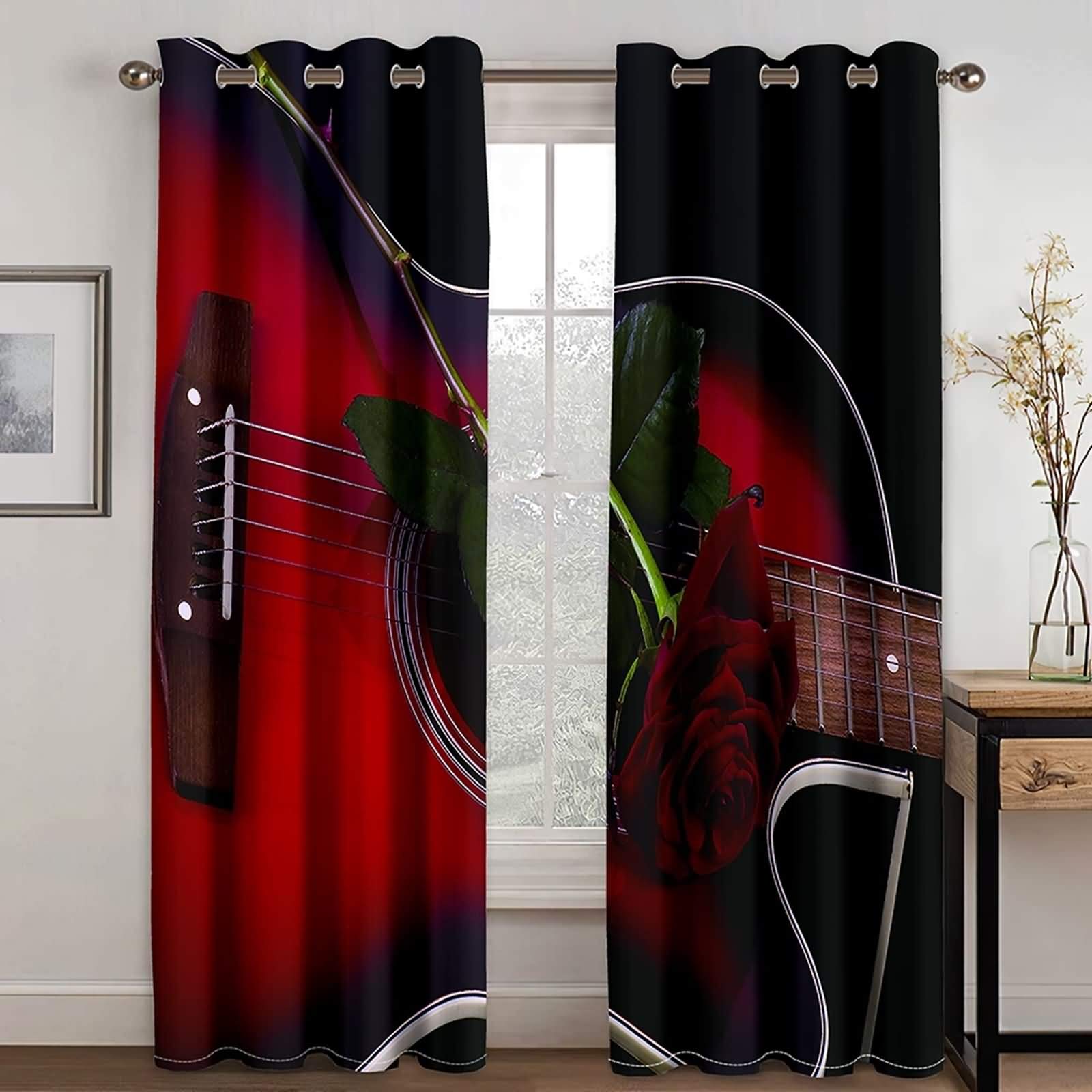 Epinki Zasłony poliestrowe czerwone czarne zasłony do gitary i róży do salonu 2 panele, dostępne w 21 rozmiarach, rozmiar 274 x 274 cm