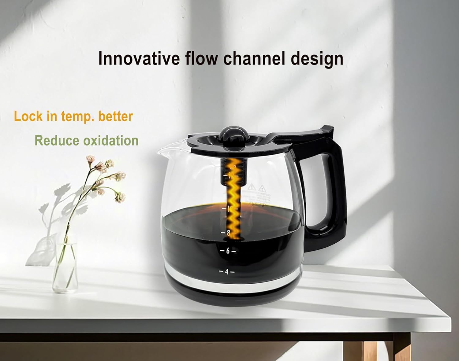 12-Cup Glass Coffee Pot Replacement, Universal and Adjustable, Compatible with Mr Coffee, B&D, Hamilton Beach and Cuisinart Coffee Makers, Black Lid and Handle - Image 2