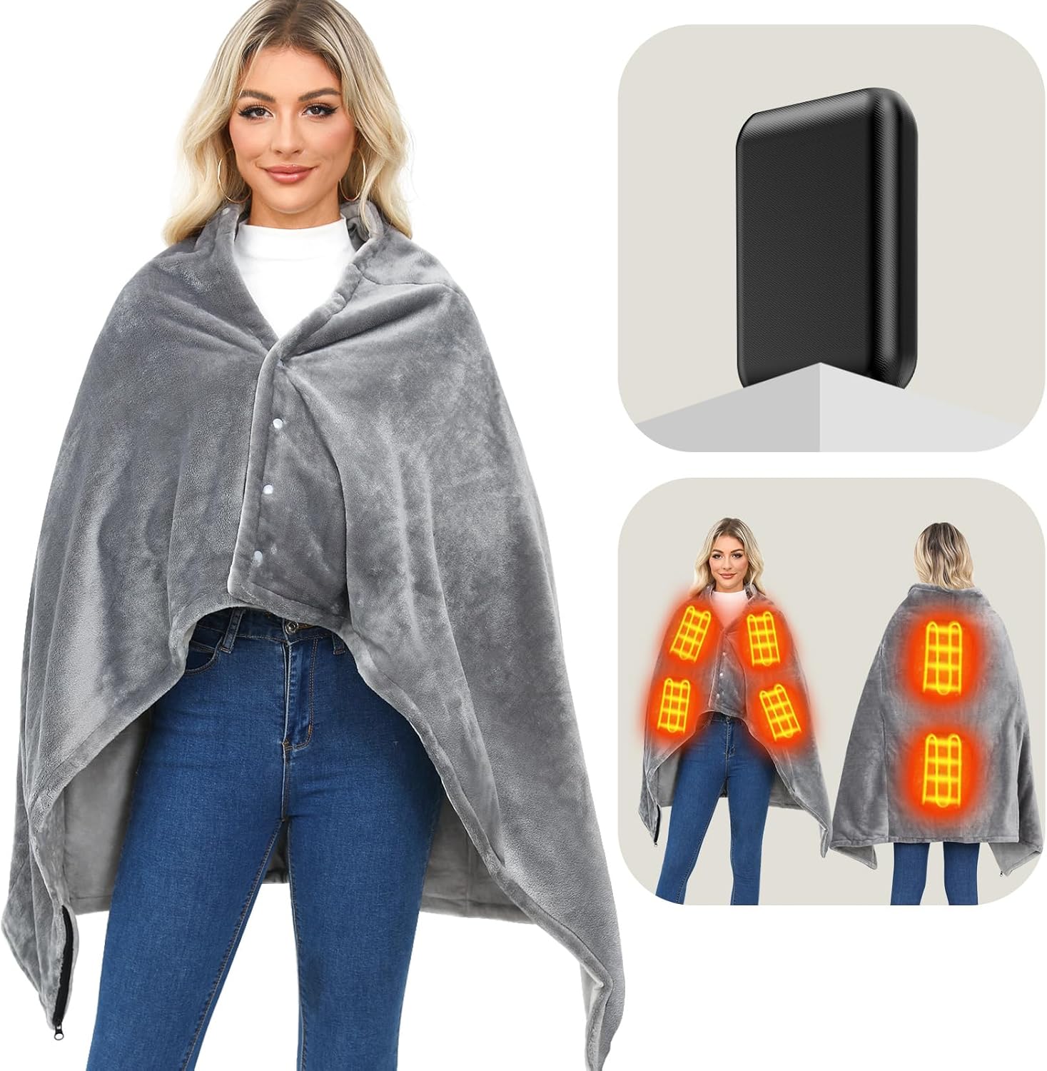 Heated Blanket with Portable Battery-6 Zone Heating Blanket 55'' x 35'', Rechargeable USB Wireless Heated Blanket for Camping, Washable (Gray)