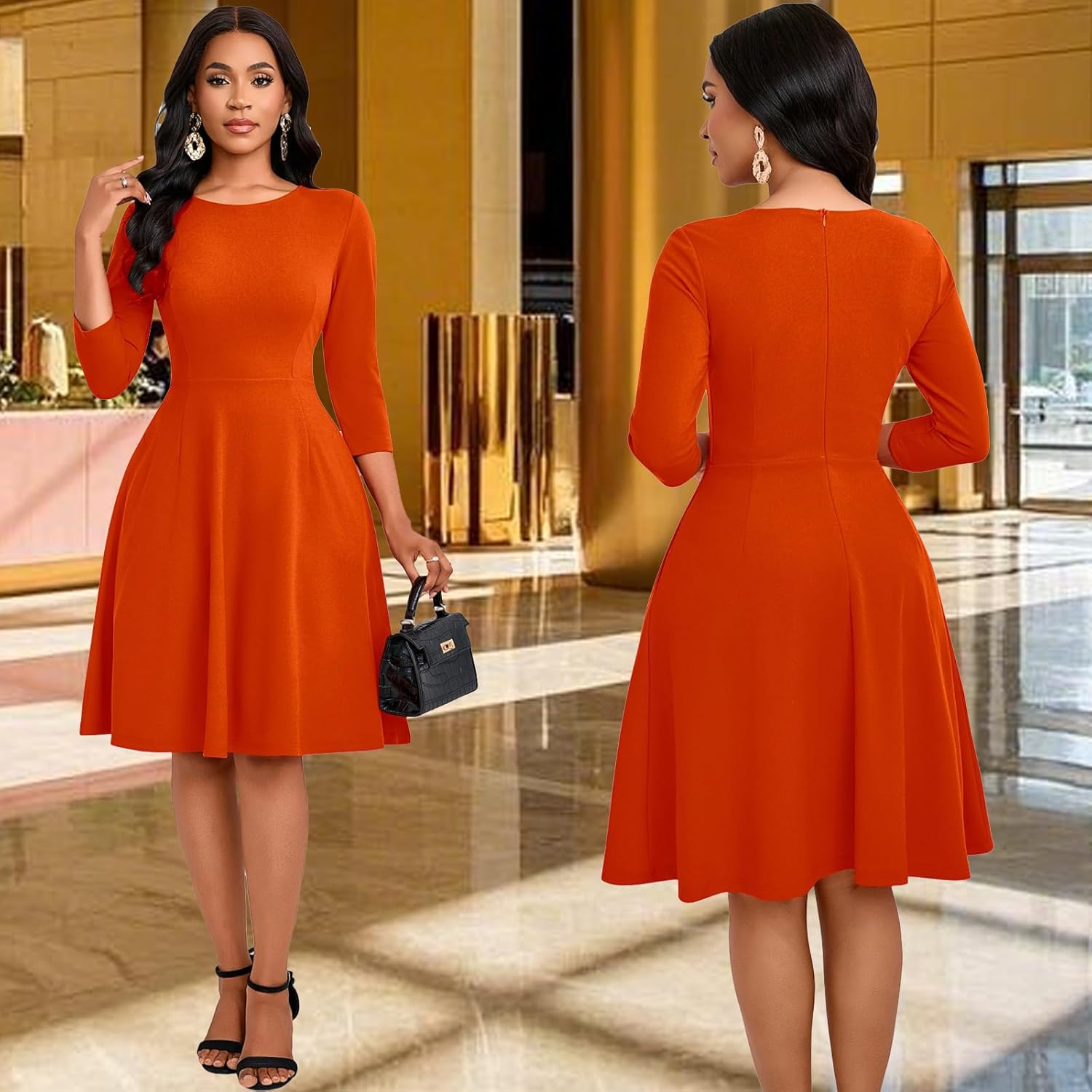 Women's Casual Long Sleeve Midi Dress Elegant A Line Empire Waist Crew Neck Flowy Swing Dress - Image 9