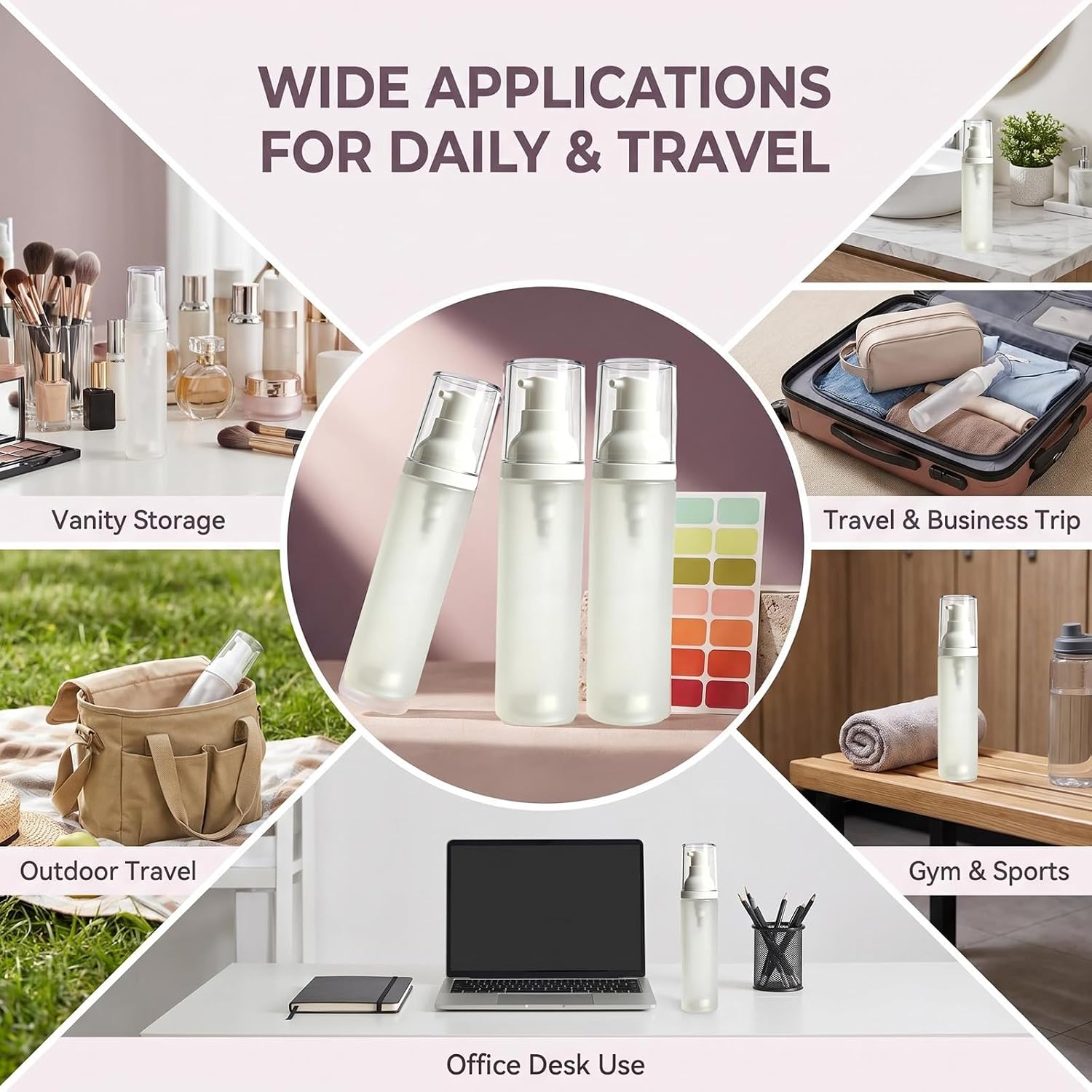 3 Pack 1oz/30ml Airless Lotion Pump Bottles, Travel Size Refillable Plastic Lotion Dispensers, Frosted Clear Empty Cosmetic Containers with Label Stickers for Face Cream Moisturizer