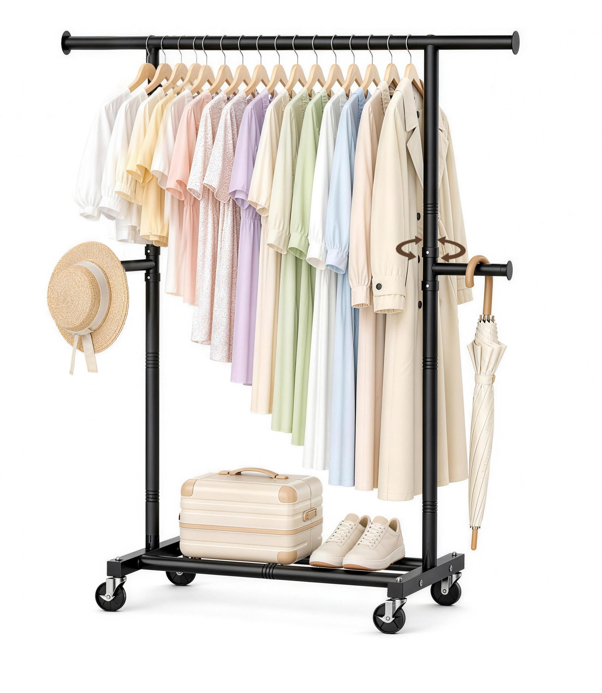 Clothes Racks Wheels for Hanging Clothes: 80 KG Single Rod Metal Simple Rolling Garment Rack Small Spaces Portable Closet Short Clothing Coat Rack Freestanding for Laundry Homes Gardens 115×40×145 CM