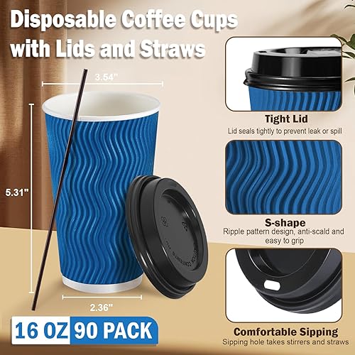 Miniatura 2 de SIUQ Tazas de café de 16 onzas, paquete de 90 tazas de café desechables con tapas y pajitas, taza de café de papel con aislamiento de pared ondulada