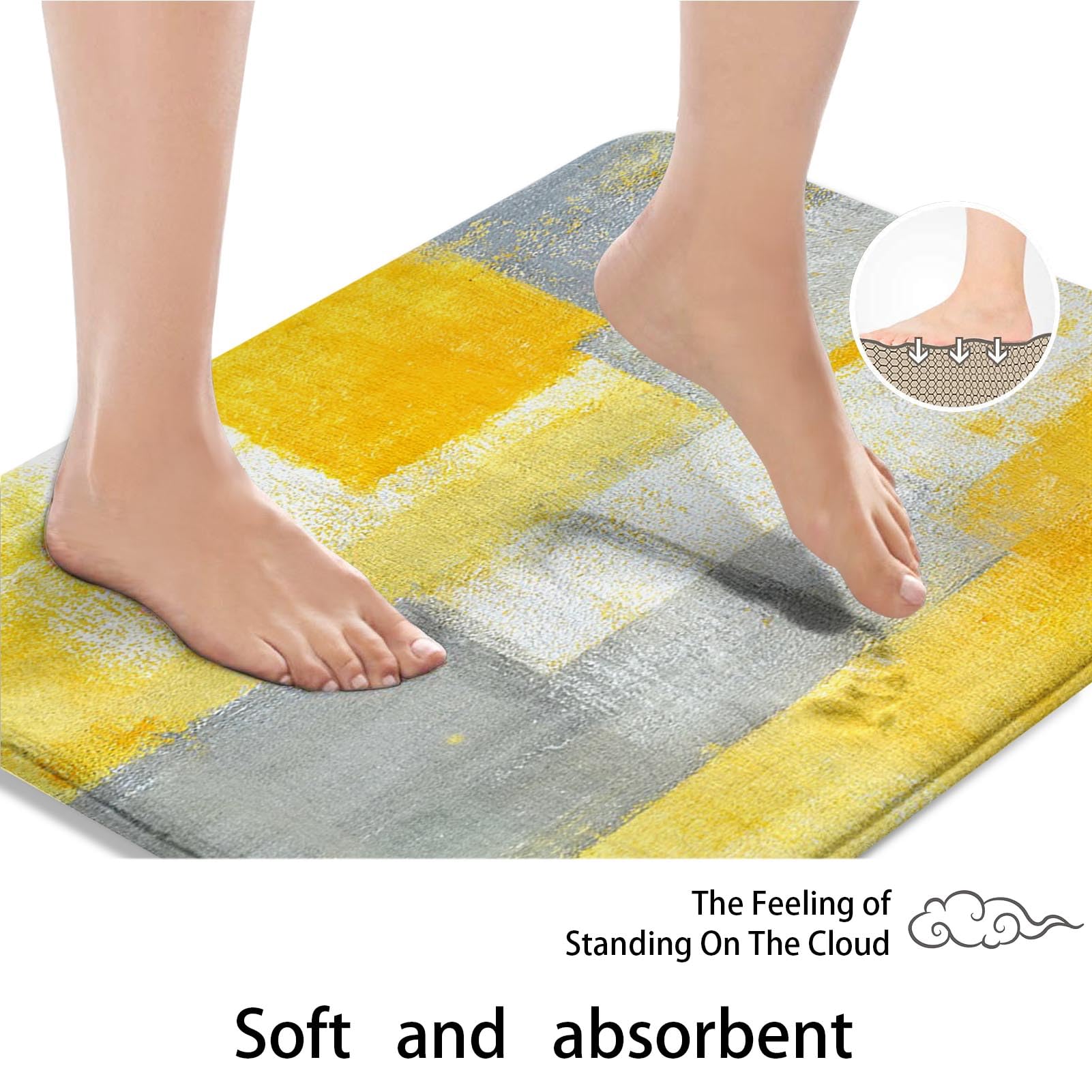 ArtSocket Lot de 3 tapis de salle de bain antidérapants en microfibre et mousse à mémoire de forme lavable en machine Jaune/gris
