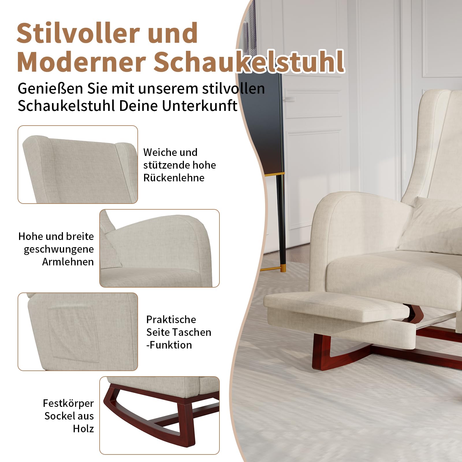 Sedia a dondolo poltrona relax sedia a dondolo con poggiapiedi, sedia per allattamento sedia oscillante con tessuto di lino e cuscino lombare e 2 tasche laterali, comoda poltrona da lettura per