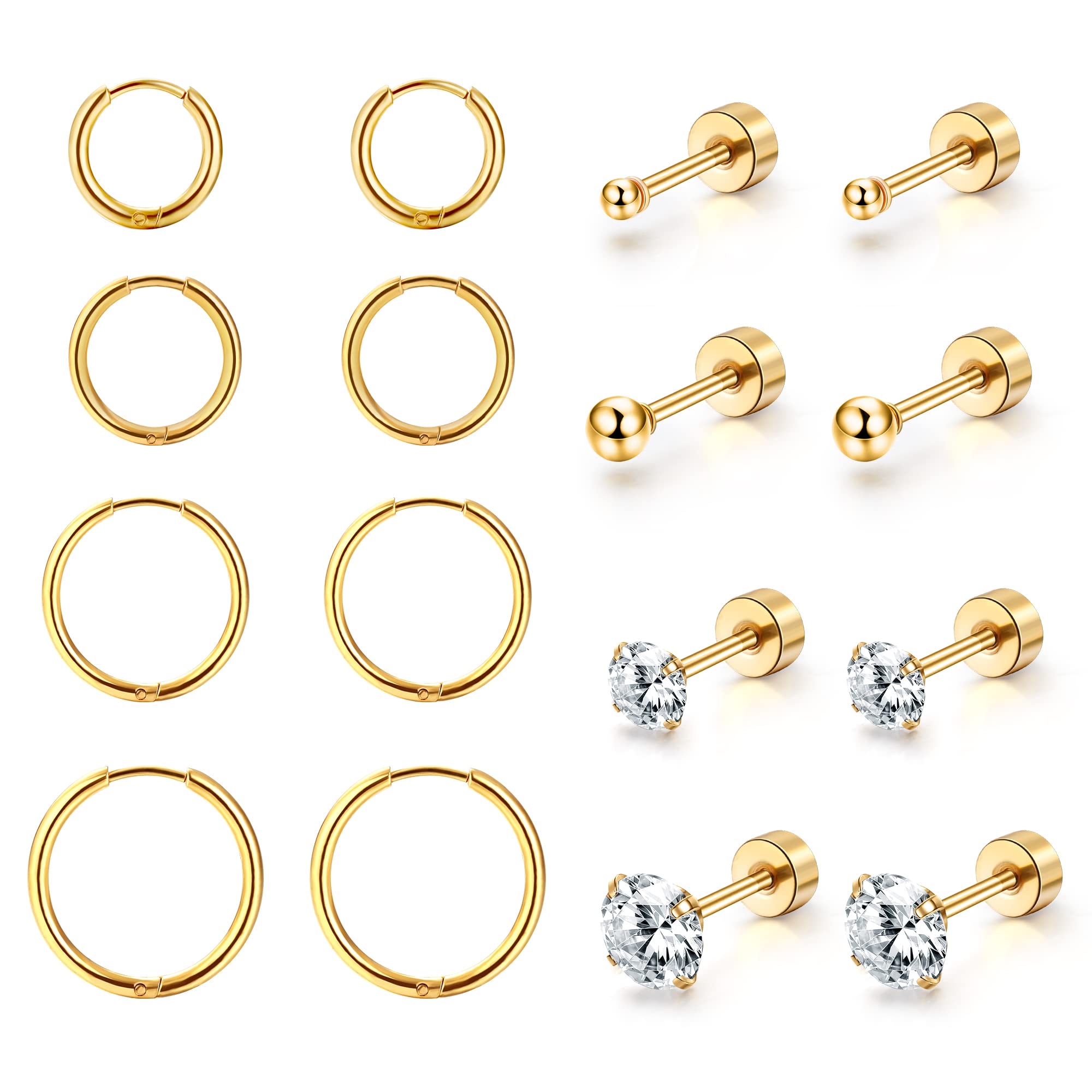 Dochais 8 Pares 316L Pendientes De Acero Quirúrgico, 14K Chapado En Oro Circonio Cúbico Ronda Stud Pendientes, Hipoalergénico Cartílago Huggie Hoop Pendientes, Multi Piercing (Oro, Plata)