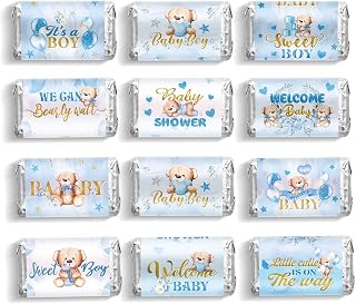 Clabby 90 Pcs Blue Bear Baby Shower Candy Wrappers,Mini Candy Bar Miniatures Wrappers Chocolate Bar Label Stickers for Baby Shower Decor
