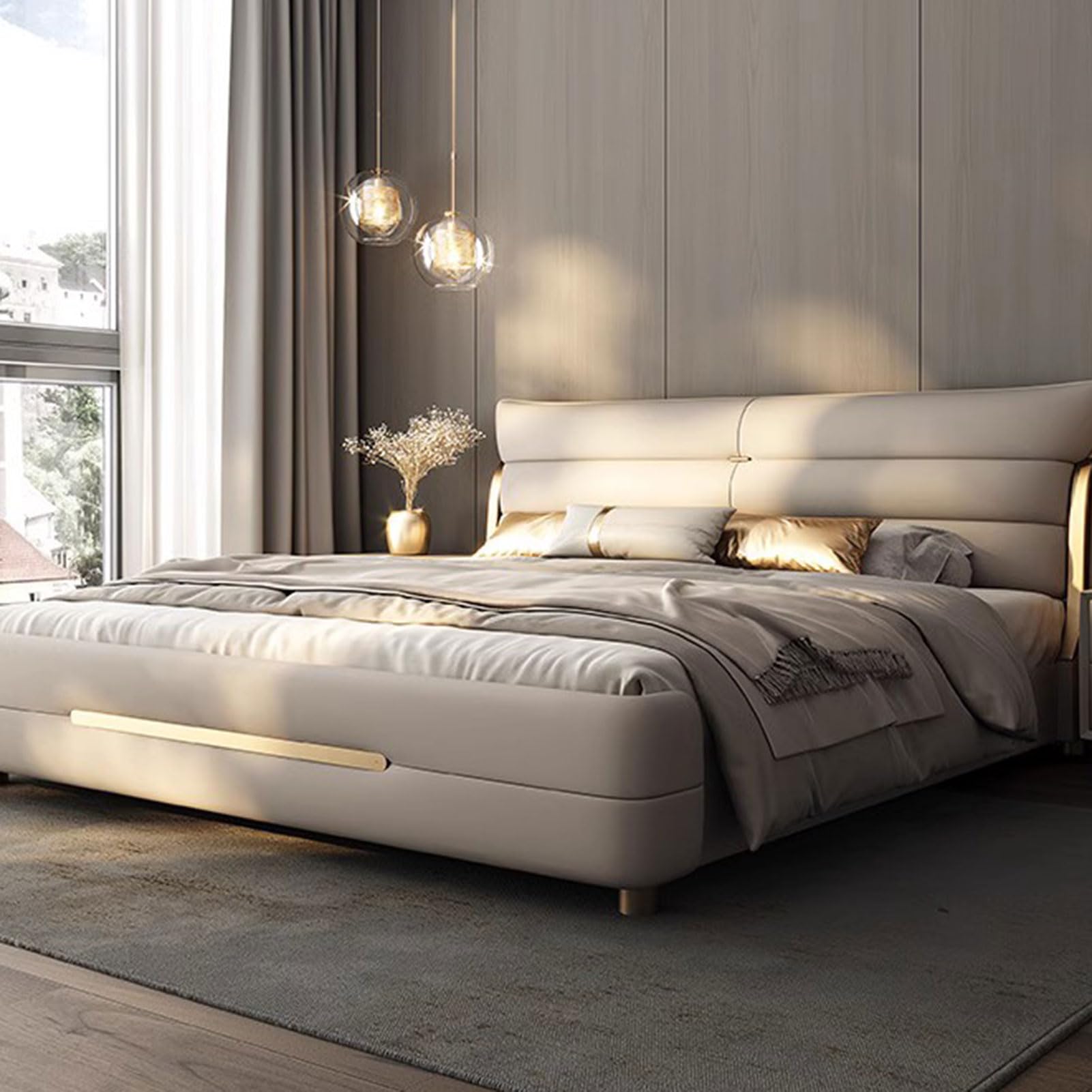 King Size Genuine Leather Wood Bed Upholstered Platform Bed Frame with Headboard and Drawers Strong Wooden Slat Support