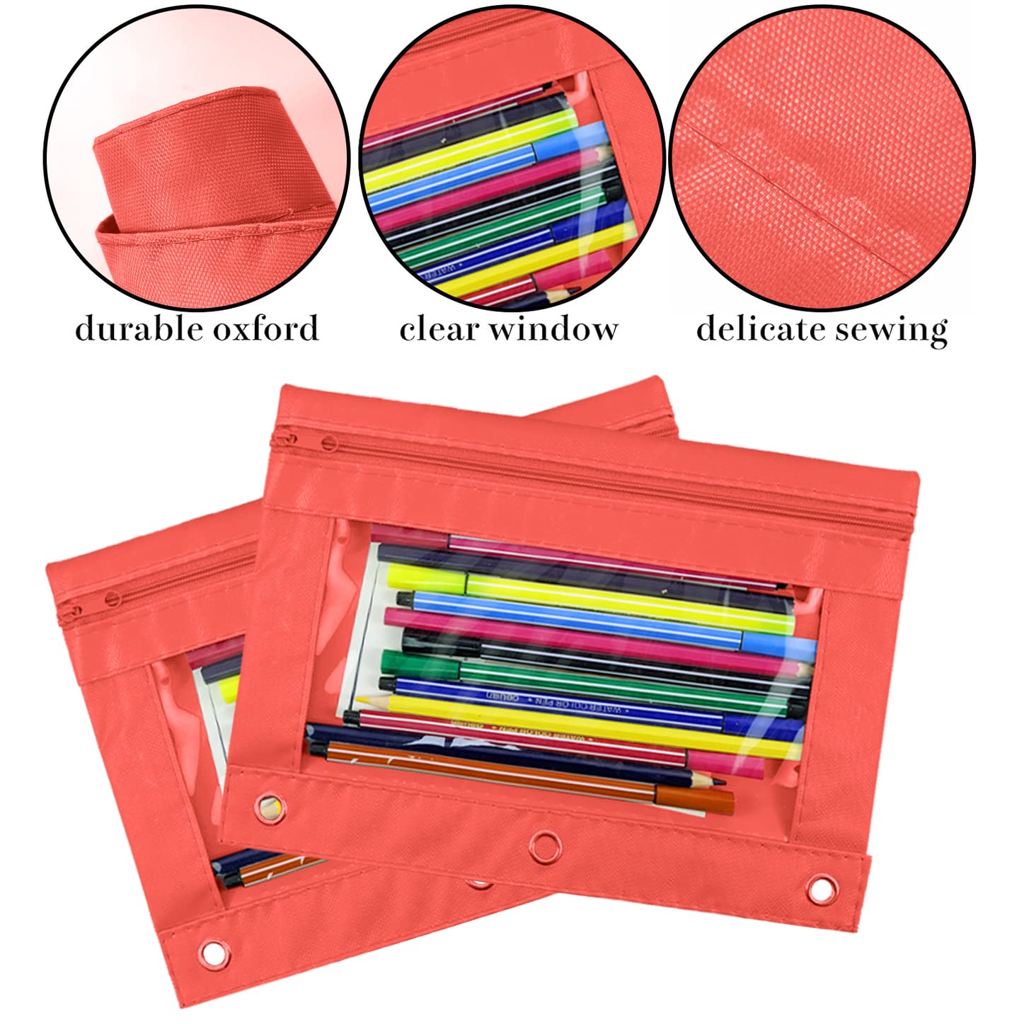 YoeeJob Confezione da 24 astucci a 3 anelli, con cerniera, portapenne con finestra trasparente, organizer per scuola e ufficio, 6 colori - 24 pezzi, 9.8x7.3 inches, Astuccio