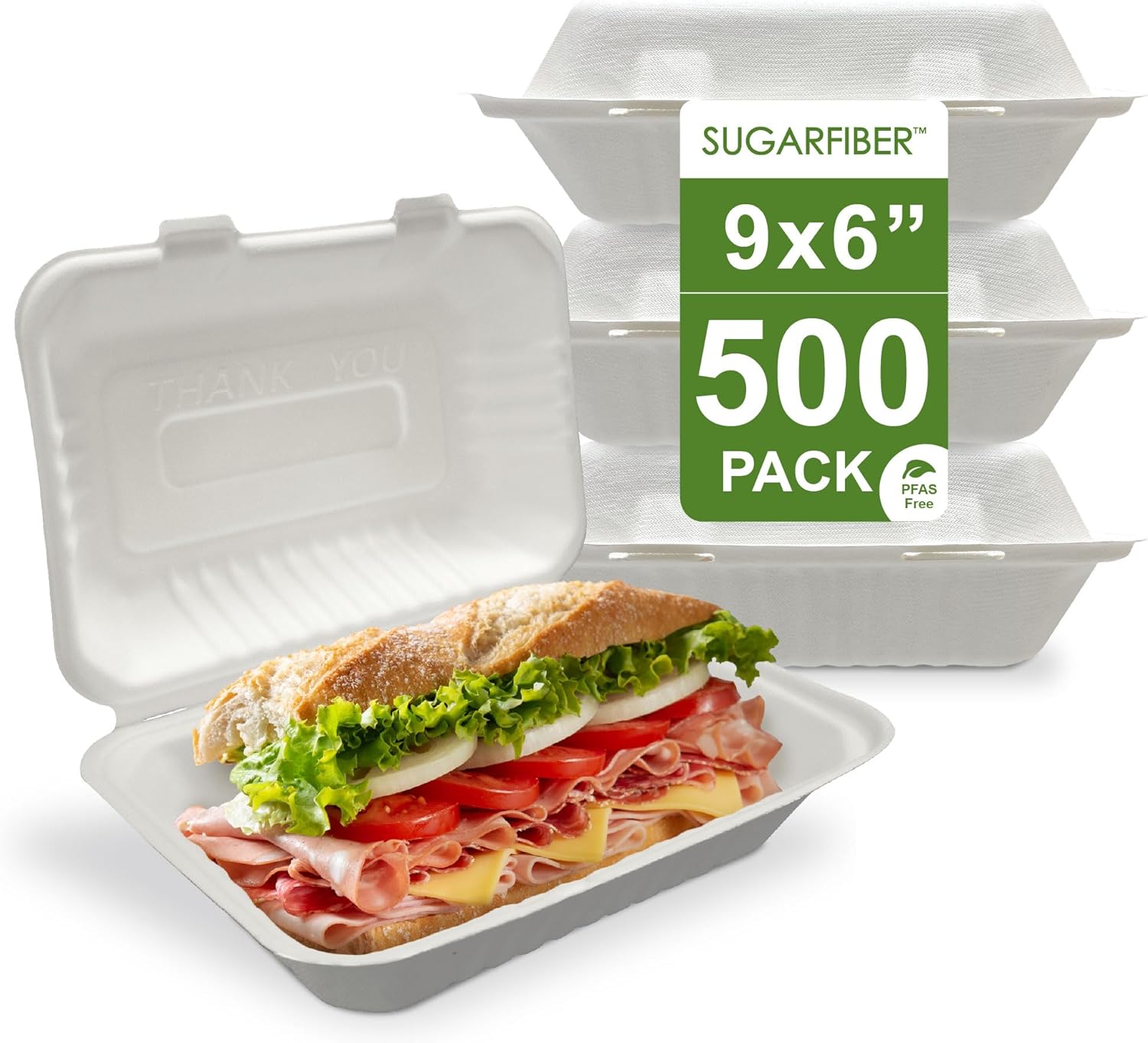 [500 COUNT]Harvest Pack 9 X 6" PFAS FREE White Compostable Clamshell Food Containers, Heavy-Duty Hinged Container, Disposable Bagasse Eco-Friendly Natural Takeout to go Box, Made from Sugarcane
