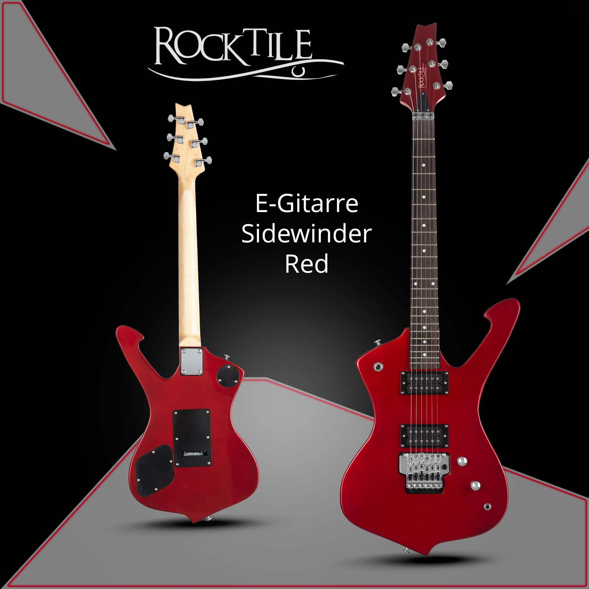 Rocktile Sidewinder E-Guitar, Modello: Sidewinder, Corpo: Tiglio, Scala: 25 | Manico: Acero avvitato, 2 Humbucker Pickup, 22 Tasti Medium Jumbo, 5" (648 mm), Tastiera: legno duro selezionato, Inlay: Dot