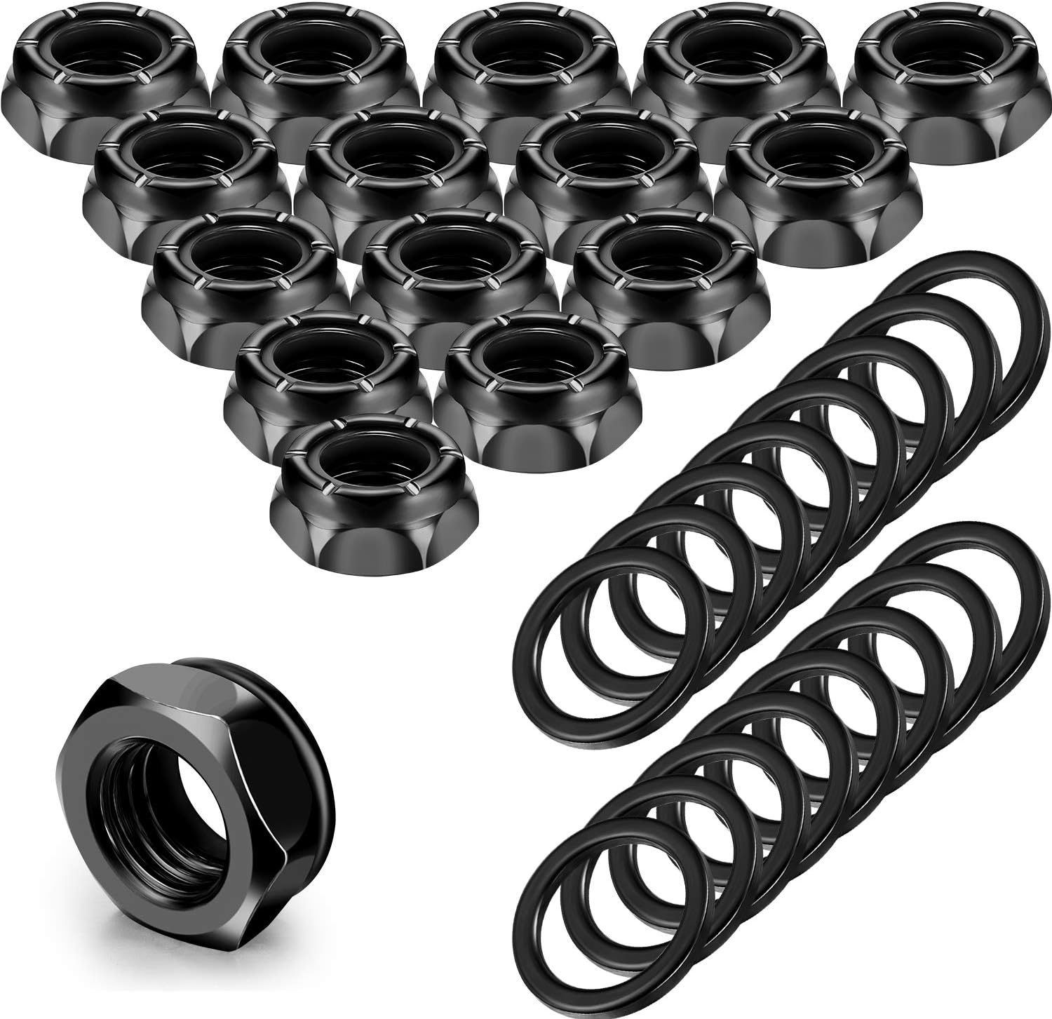 16 Pieces Skateboard Truck Nuts and 16 Pieces Skateboard Truck Axle Washers for Longboards and Hardware Kit (Black)