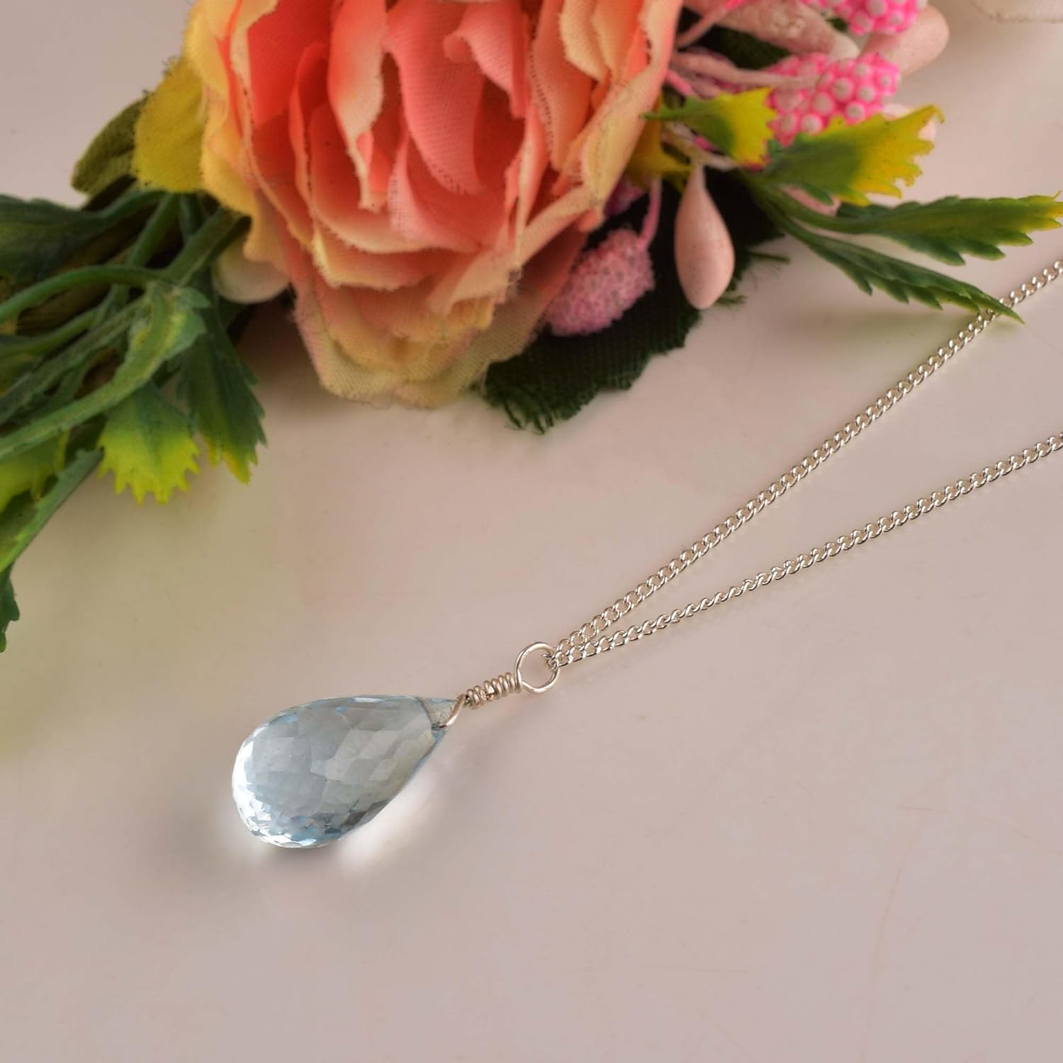 Natural Aquamarine Crystals Pendant Necklace, Faceted Teardrop Gemstone, Energy Healing Crystals, Birthday, Gift for Her, Gemstone Jewelry 18 inch AAA+ Quality (aquamarine) - Image 2