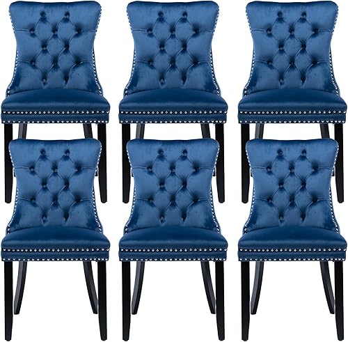 Miniatura 33 de Juego de 6 sillas de comedor de terciopelo gris, modernas sillas de comedor con respaldo copetudo y patas de madera maciza, sillas de comedor Gris