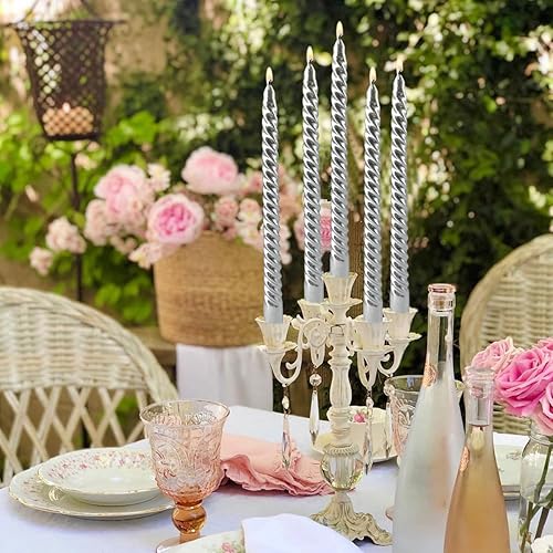 Miniatura 5 de Velas cónicas en espiral plateadas de 10 pulgadas para Navidad, cena, decoración del hogar, bodas y celebraciones, sin goteo y sin perfume, 8 horas