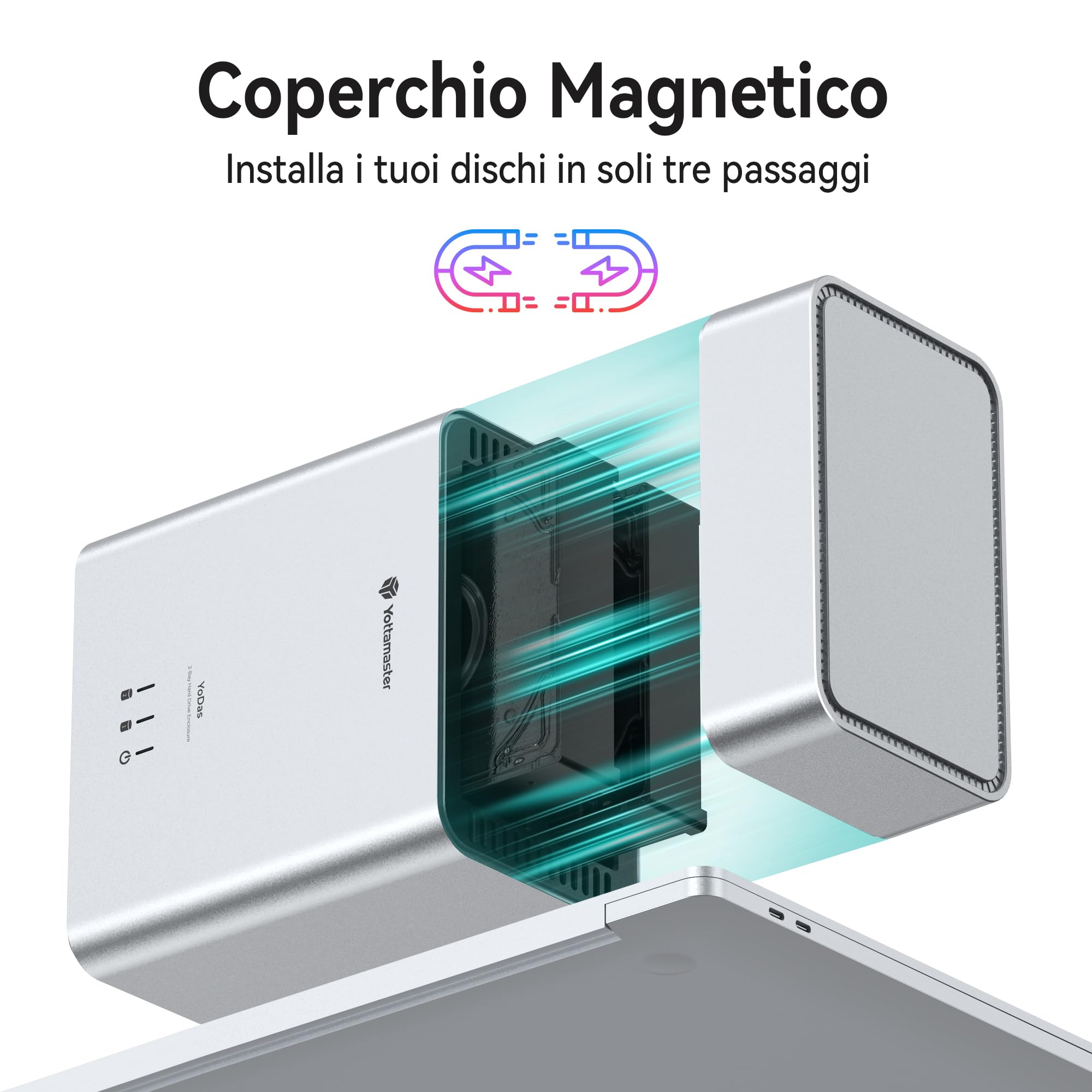 Yottamaster 2 Bay Case per Disco Rigido, 3,5 HDD USB-C 5Gbps, Coperchio Magnetico, Installazione Senza Attrezzi, Fino a 24TB × 2, Ventola da 60 mm, Funzione di Sospensione Automatica (senza RAID)