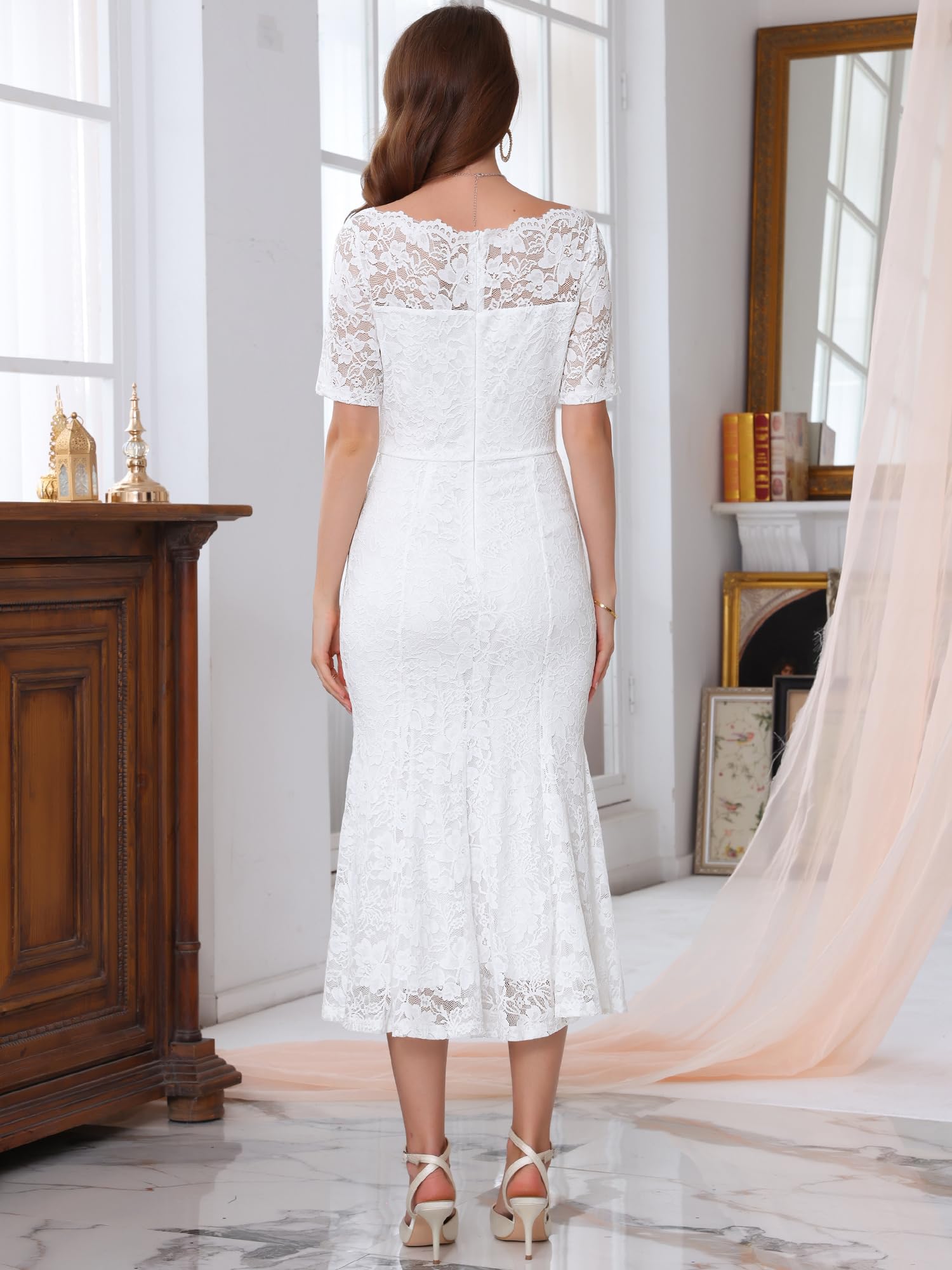 Femme Robe Dentelle Sirène Épaules Nues Soirée Mariage | Coupe Ajustée Ourlet Sirène Parfait pour Cocktail et Banquet Silhouette Flatteuse