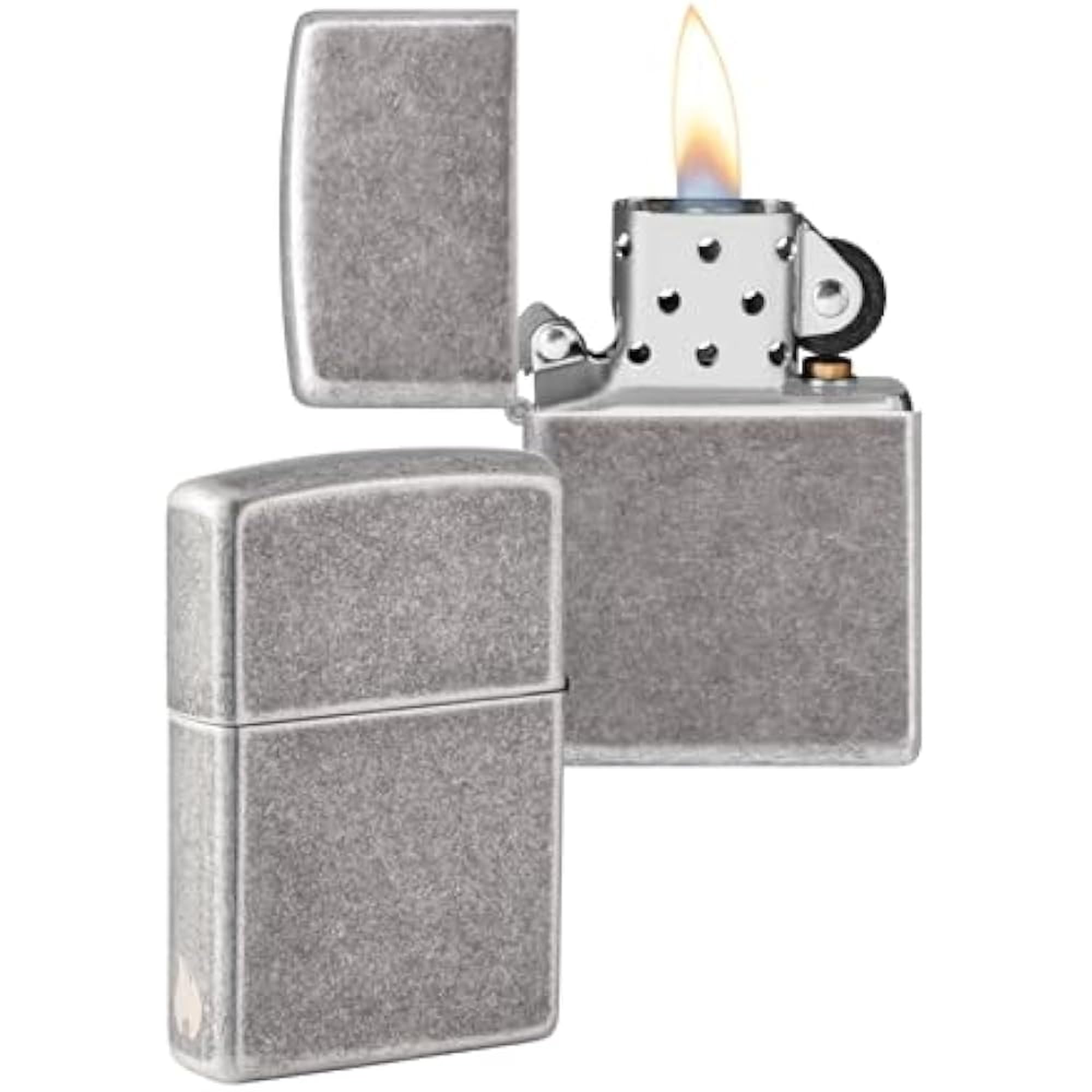 Zippo Sturmfeuerzeug - Antique Silver mit seitlicher Flammengravur - Nachfüllbar - Wiederverwendbar - Windfestes Design - Geschenkbox - Made in USA - Amazon Exclusive