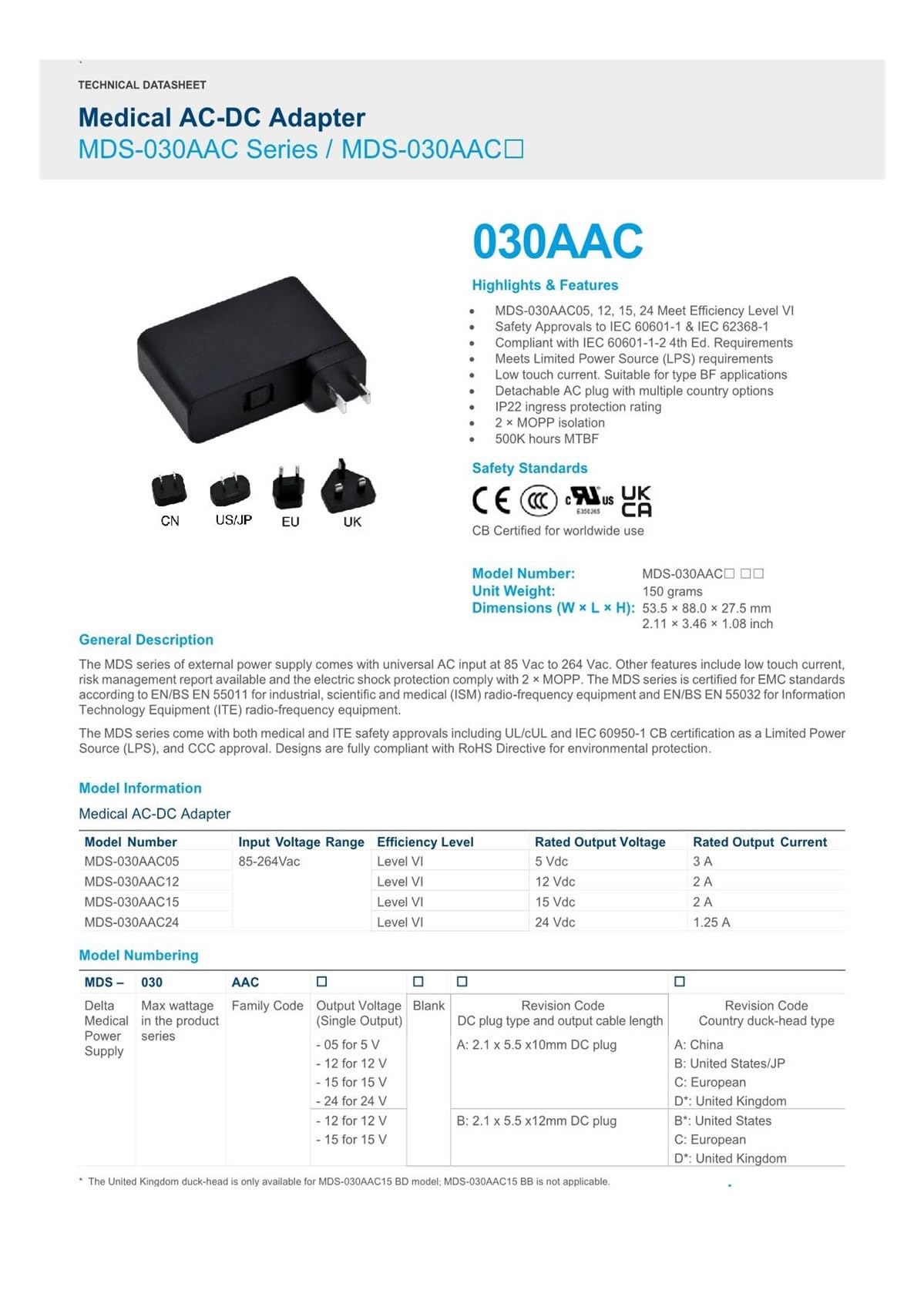 Adaptador de Corriente MDS-030AAC15 | 15V 2A 30W