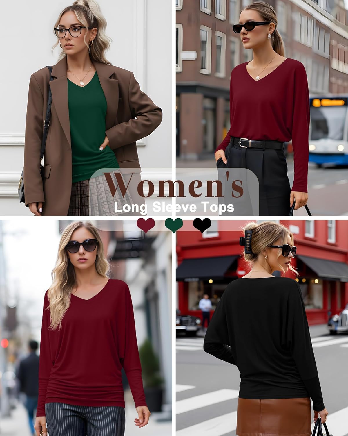 3 Pack Women's Dolman Long Sleeve Tops Casual Flowy Draped Side Ruched Shirts V Neck Lightweight Bat Wing Basic Tee - Image 2