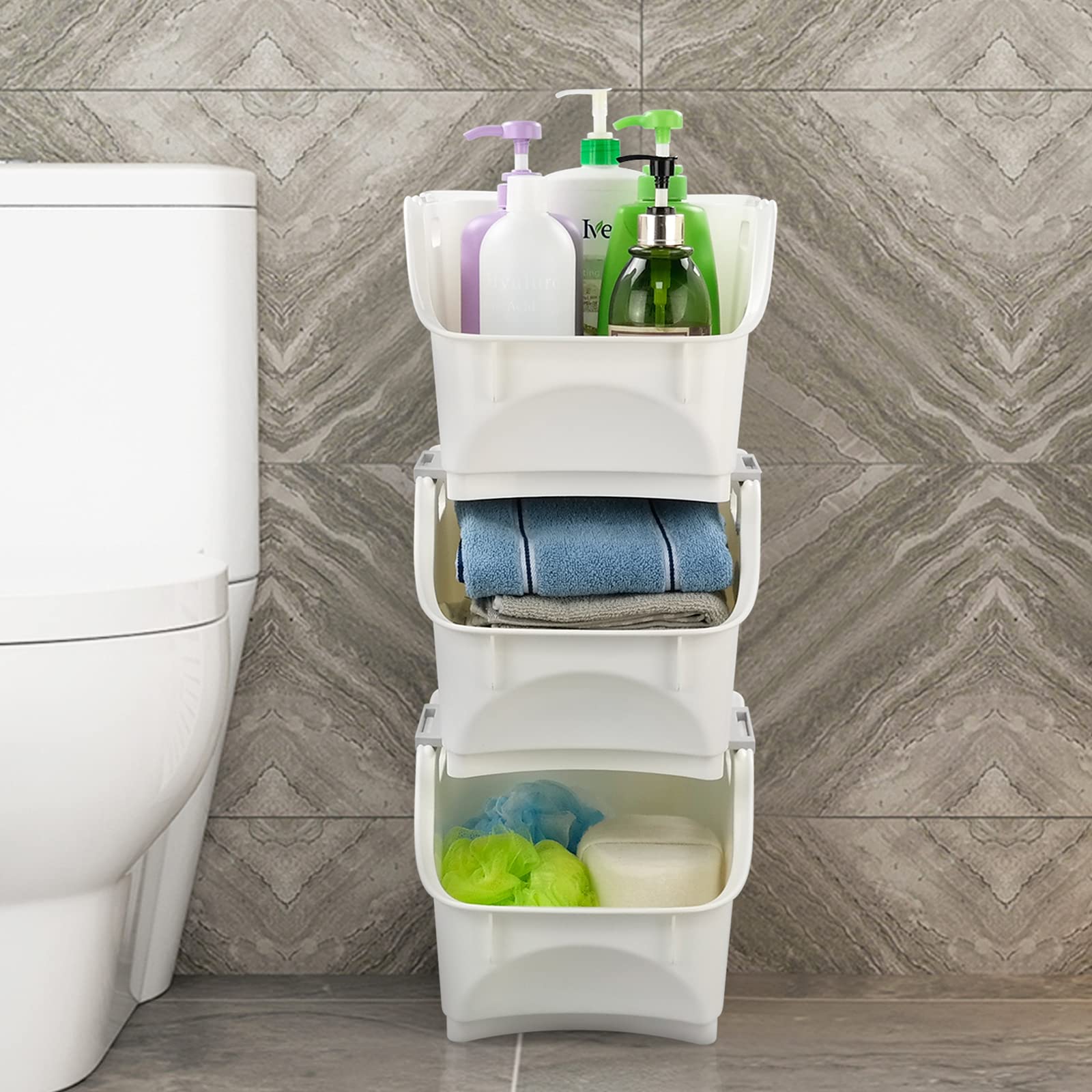 Cesta De Almacenamiento Apilable De Plástico, 3 Paquetes, Blanco