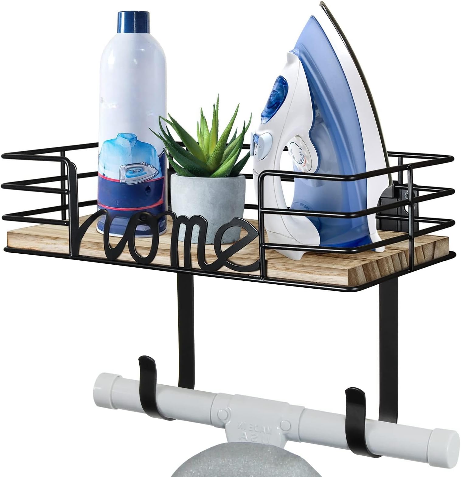 THE WHITE SHOP Ironing Board Hanger Wall Mount - Laundry Room Decor Iron and Ironing Board Holder, Metal Wall Mount with Large Storage Wooden Base Basket (Color : Black)