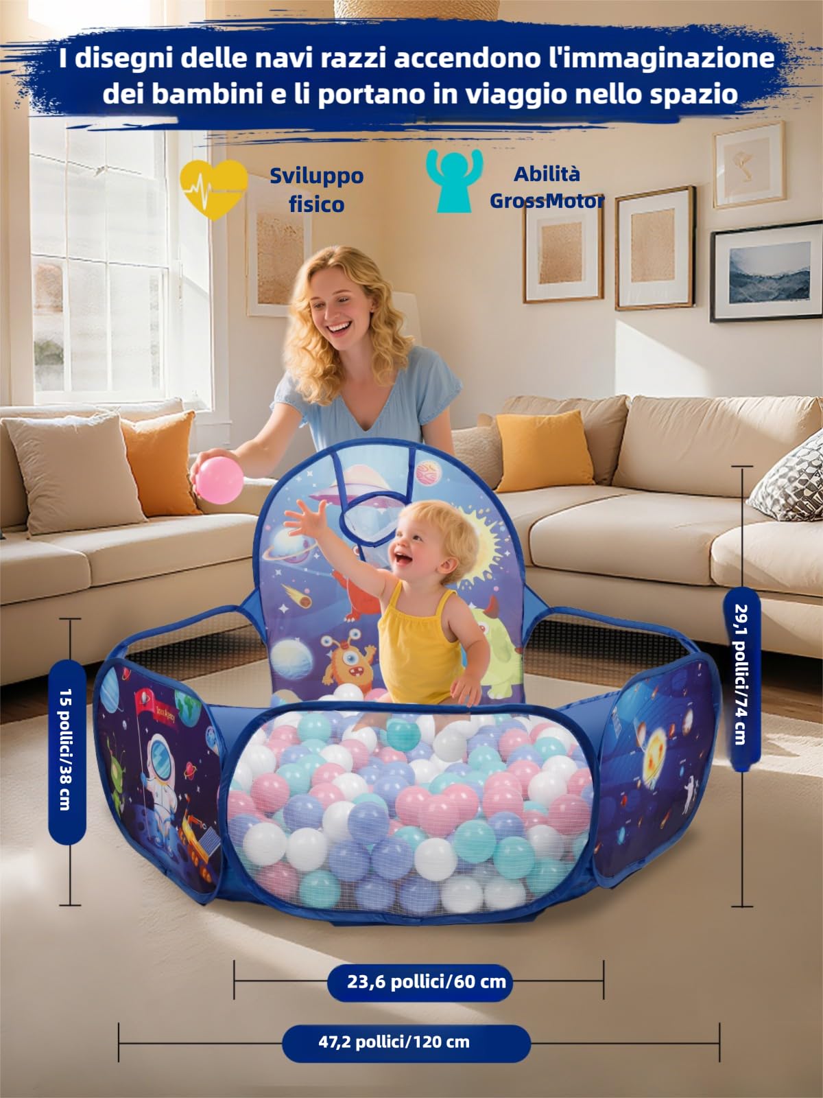 ZimiTeda Vasca Palline per Bambini con Gattini e Cagnolini - con Canestro da Basket, Pieghevole, per Interni/Esterni - 120 cm (Palline Non Incluse) (Space Rocket)