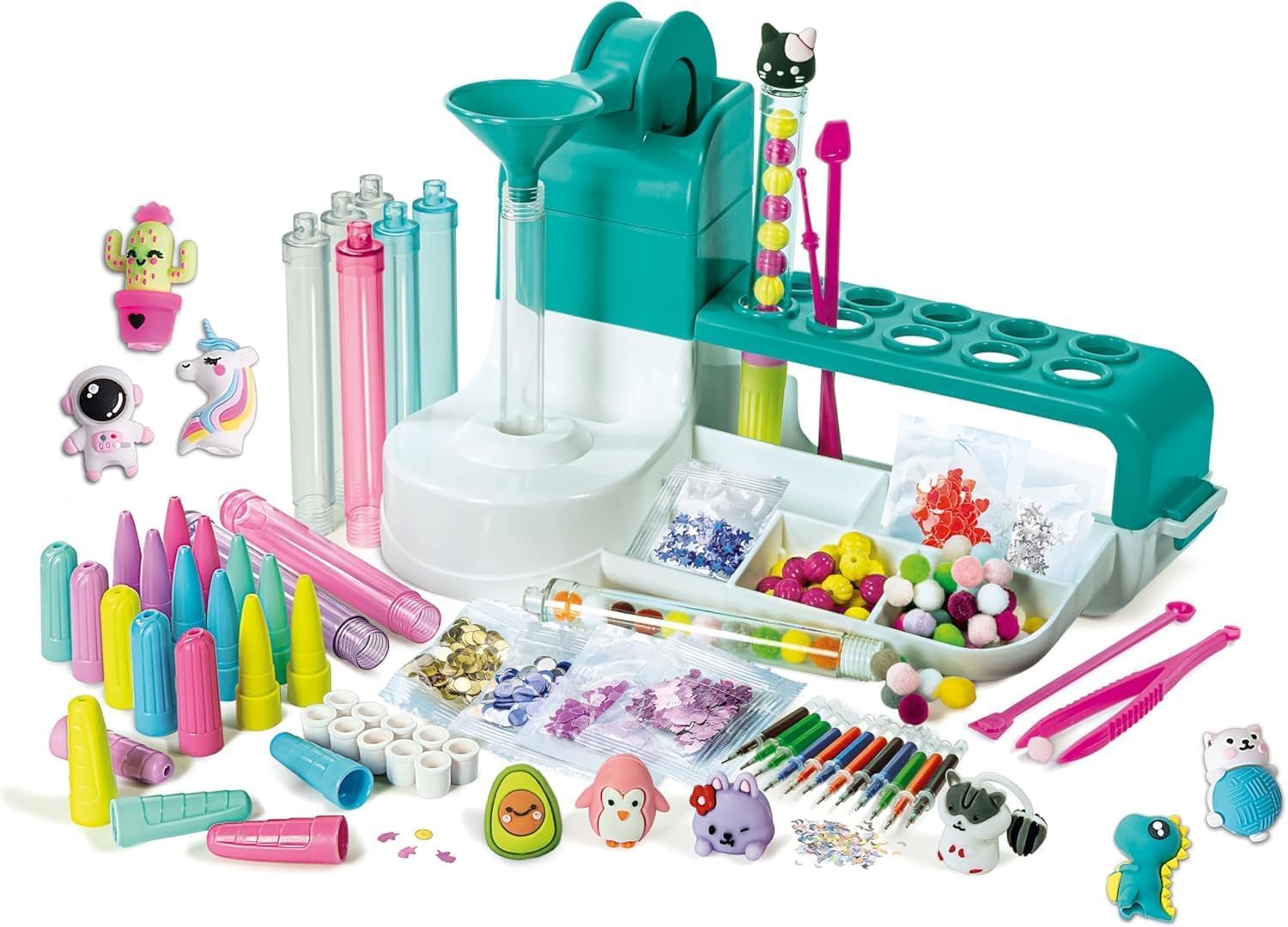 PRESTIGE & DELUXE Laboratorio de bolígrafos personalizados – Kit creativo para niños a partir de 6 años – con 50+ accesorios y 10 bolígrafos personalizables + llavero de regalo y bolígrafo 6 en 1