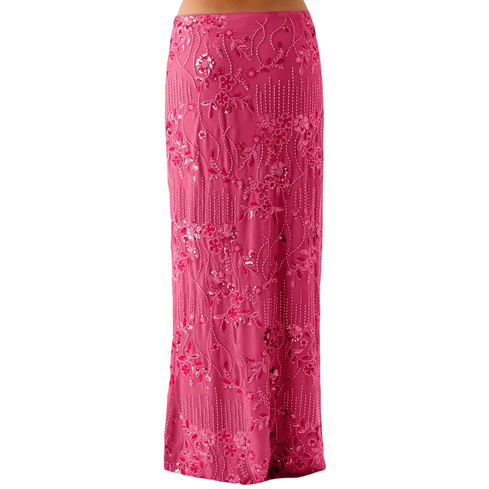 Langer Rock Damen Frauen Pailletten Sexy Maxi Röcke Sommer Y2k Perle Verschönerte Glitzer Low Taille Elegante Clubwear Sparkle Bodycon Lange Röcke-c-s