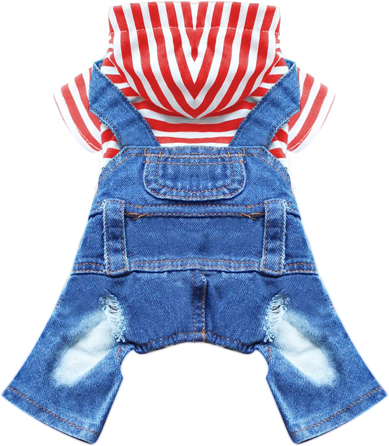 Small Dog Hoodie Clothes Cute Stripe Shirts Denim Jumpsuit One-Piece Outfit for Small Medium Dogs Cats Boy Girl Chihuahua Blue Jeans Overalls Puppy Costume (Red,S)
