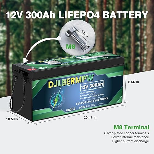 Miniatura 7 de Batería de litio LiFePO4 de 12 V 300 Ah 3840 W BMS integrado, hasta 15000 ciclos y 10 años de vida útil, batería de ciclo profundo para RV, marina,