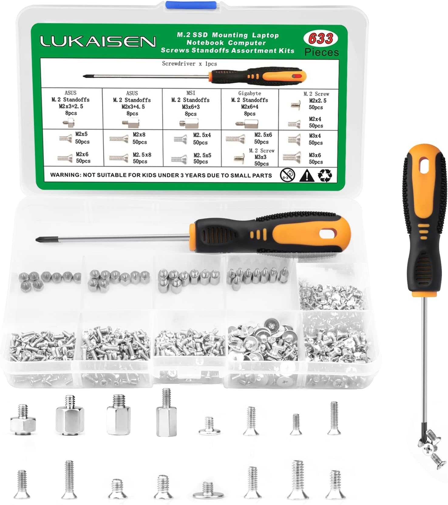 633PCS M.2 NVMe SSD Screw Kit, M.2 Standoffs and Screws for Asus MSI Gigabyte Motherboards, Laptop Replacement Screws Set (M2 M2.5 M3) with Magnetic CRV Screwdriver for PC Repair & Upgrades