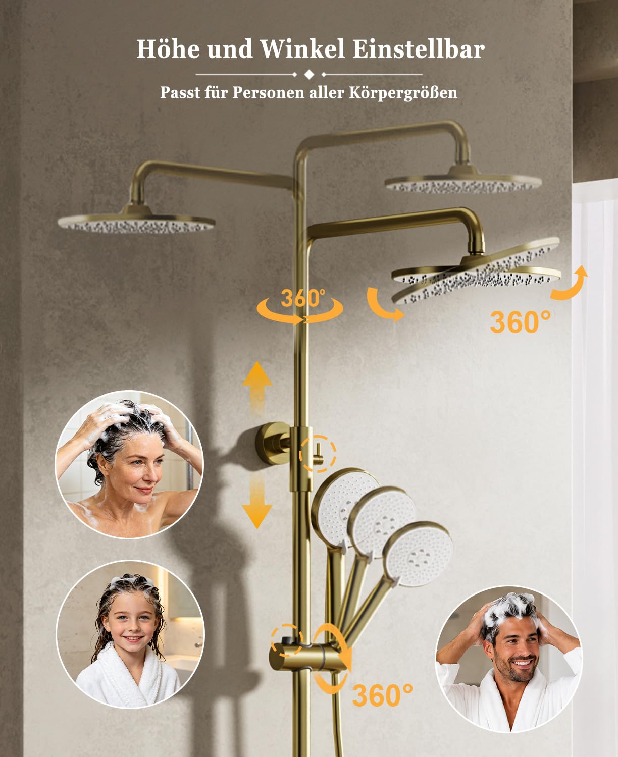 Duschsystem,Duscharmatur Komplettset gold 3 in 1, mit 23 cm Regenduschkopf | Duscharmatur Set gold mit Handbrause 3 Modus, wasserfall Badewannenarmatur, Duschsäule Messing, Höhenverstellbar, Duschset