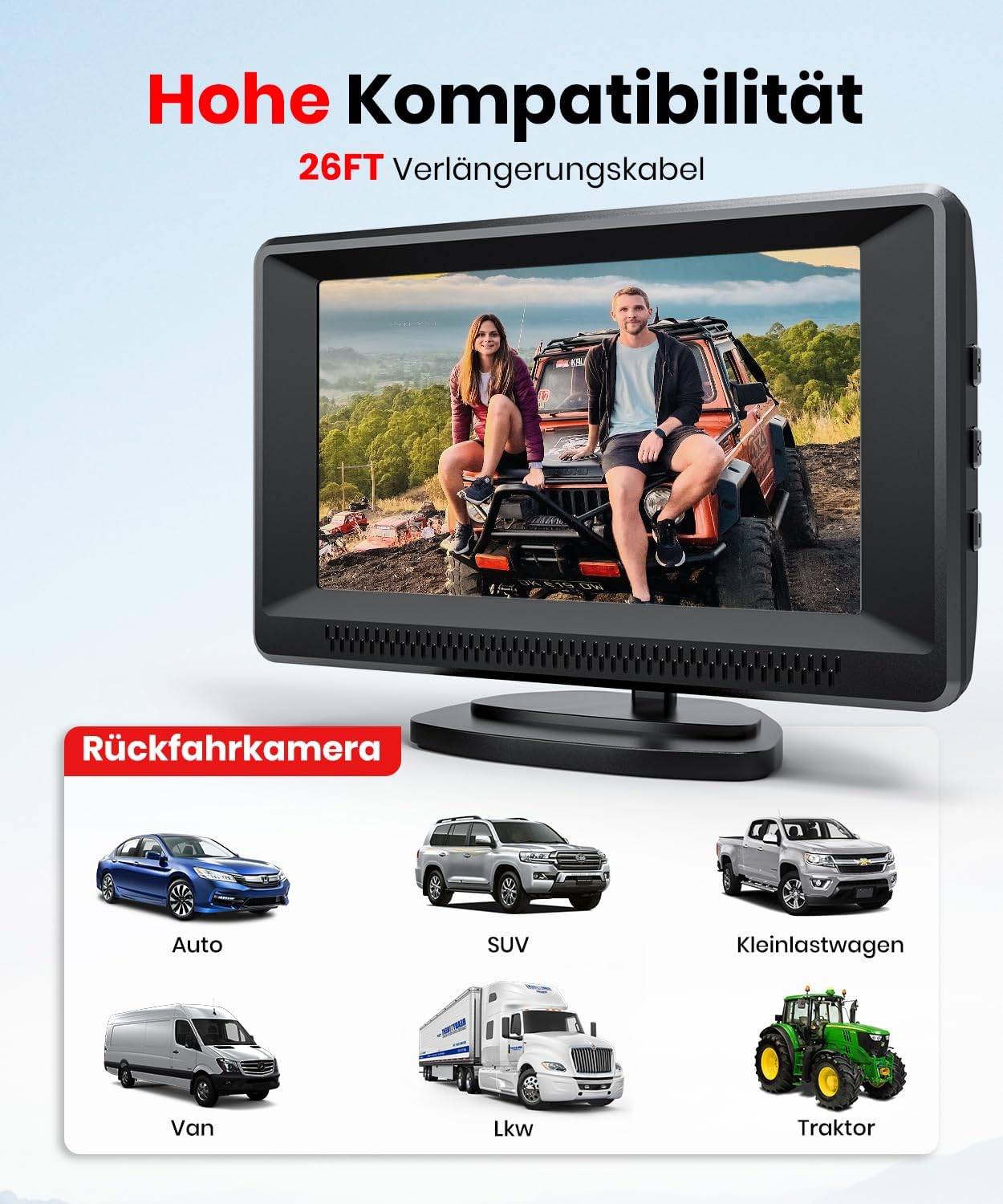 Foxpark 4,3" HD 1080P Farb-Nachtsicht Monitor Rückfahrkamera IP69K Wasserdicht Plug and Play