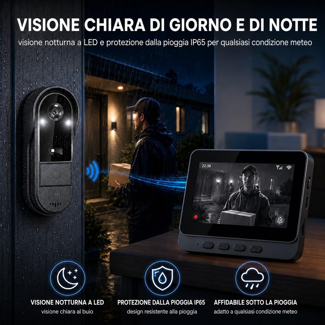 1080P Campanello Senza Fili da Esterno con Monitor IPS 4.3'', Bluetooth 2.4G, Telecamera HD 170° Grandangolare, Audio Bidirezionale Citofono Videocitofono Senza Fili da Esterno con IP67 Impermeabile