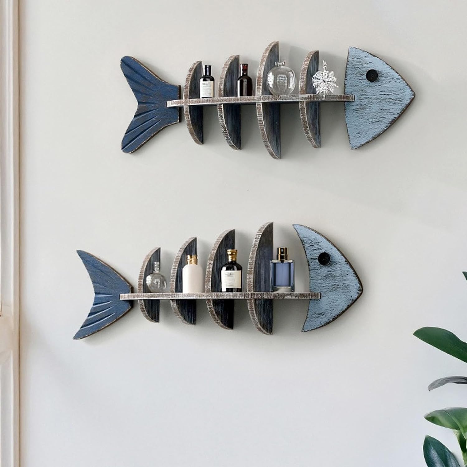 Wooden Fishbone Wall Decor, 27" Wood Fish Beach Wall Decor Display Shelf, Mediterranean Style Fish Hanging Wall Art Decor, Vintage Fishbone Decor for Home Lake House, Study, Bedrooms Decor (A)