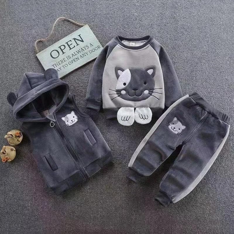 Image of Bold N Elegant Unisex Kids Fur Printed 3D Reindeer Cartoon Thick Winter Warm T-Shirt Pant With Hood Jacket 3 Pc Clothing Set