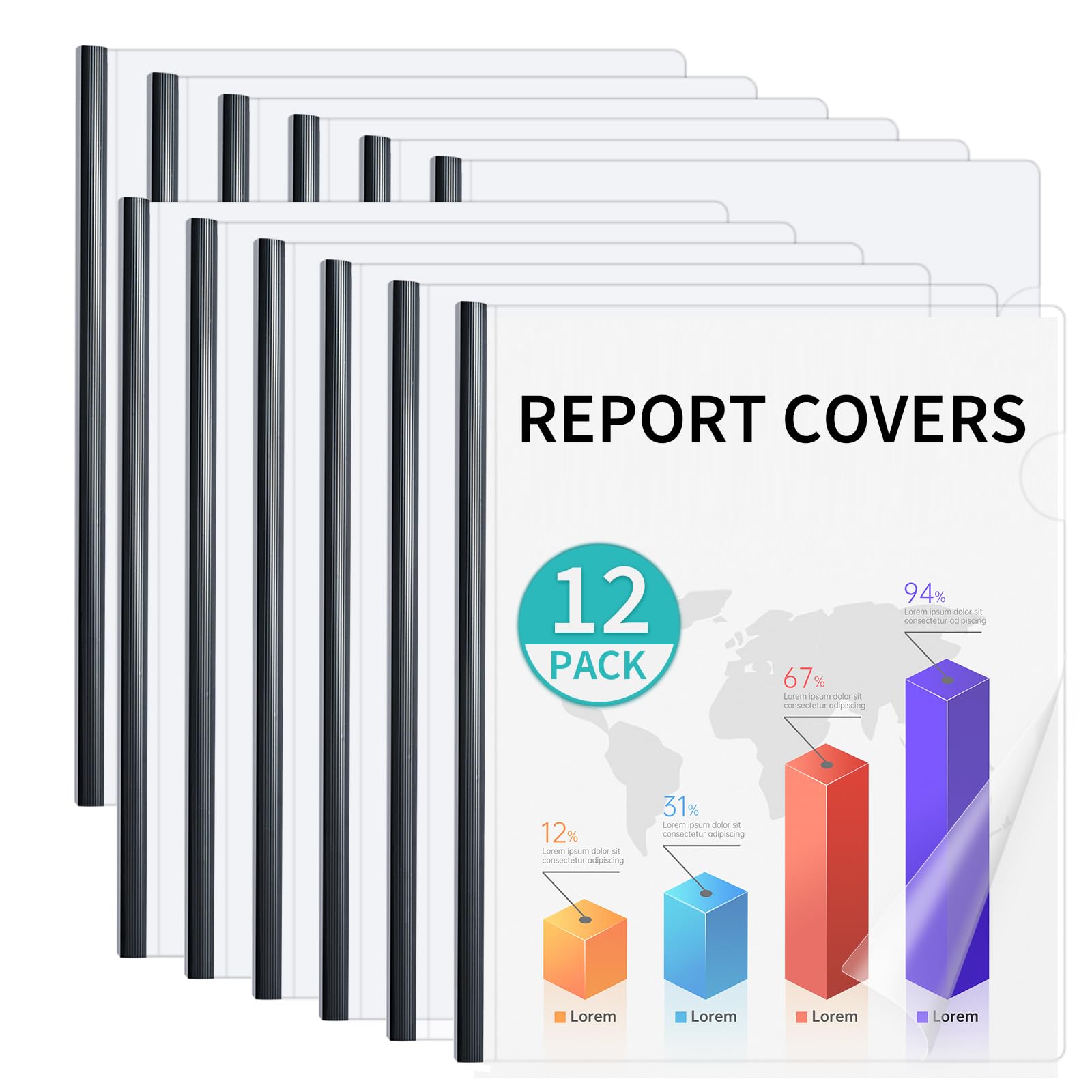 Binditek Clear Report Covers with Sliding Bars, 70 Sheet Capacity, 12 Pack