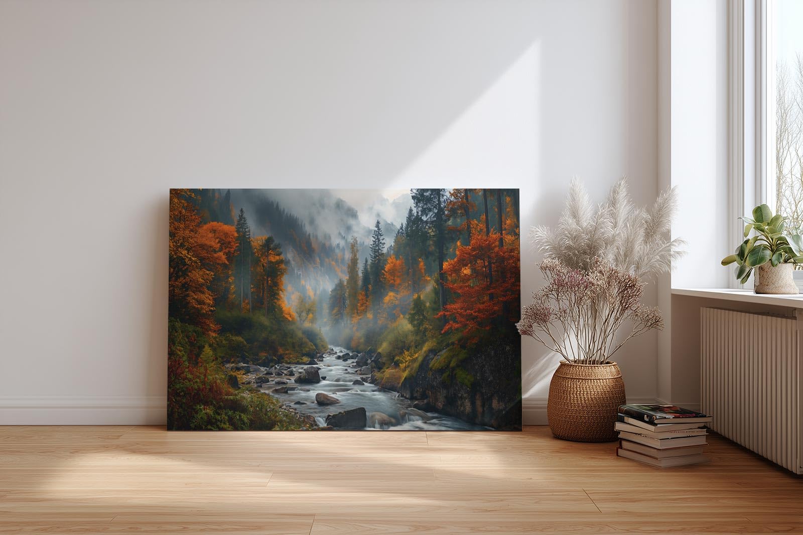 Sinus Art Wandbild 120x80cm Stimmungsvolles Naturmotiv mit fließendem Bach im nebelverhangenen Herbstwald – lebendig und tiefgründig