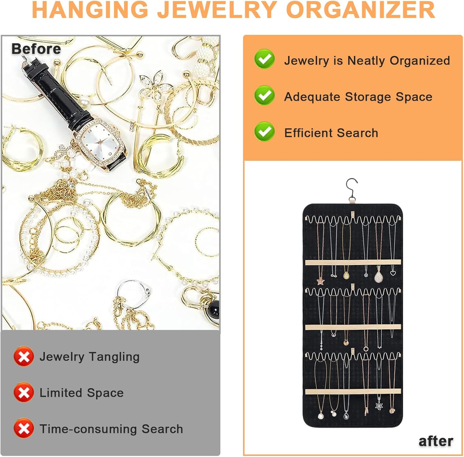 Tefola Hanging Jewelry Organizer, Double-Sided Necklace Organizer Jewelry Holder Organizer for Earrings, Necklaces Rings, Glasses, Sunglass Organizer for Closet, Wall, Door (Black, Large Size)